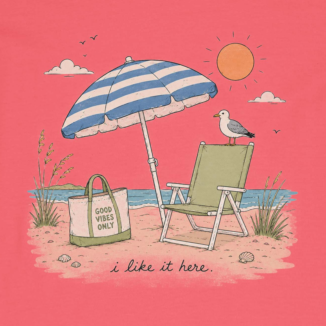 Custom T Shirt design showing peaceful seaside vacation art with chair, umbrella, birds, and sand.