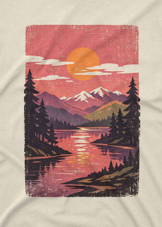 Custom t shirt with vintage nature landscape and scenic sunset art