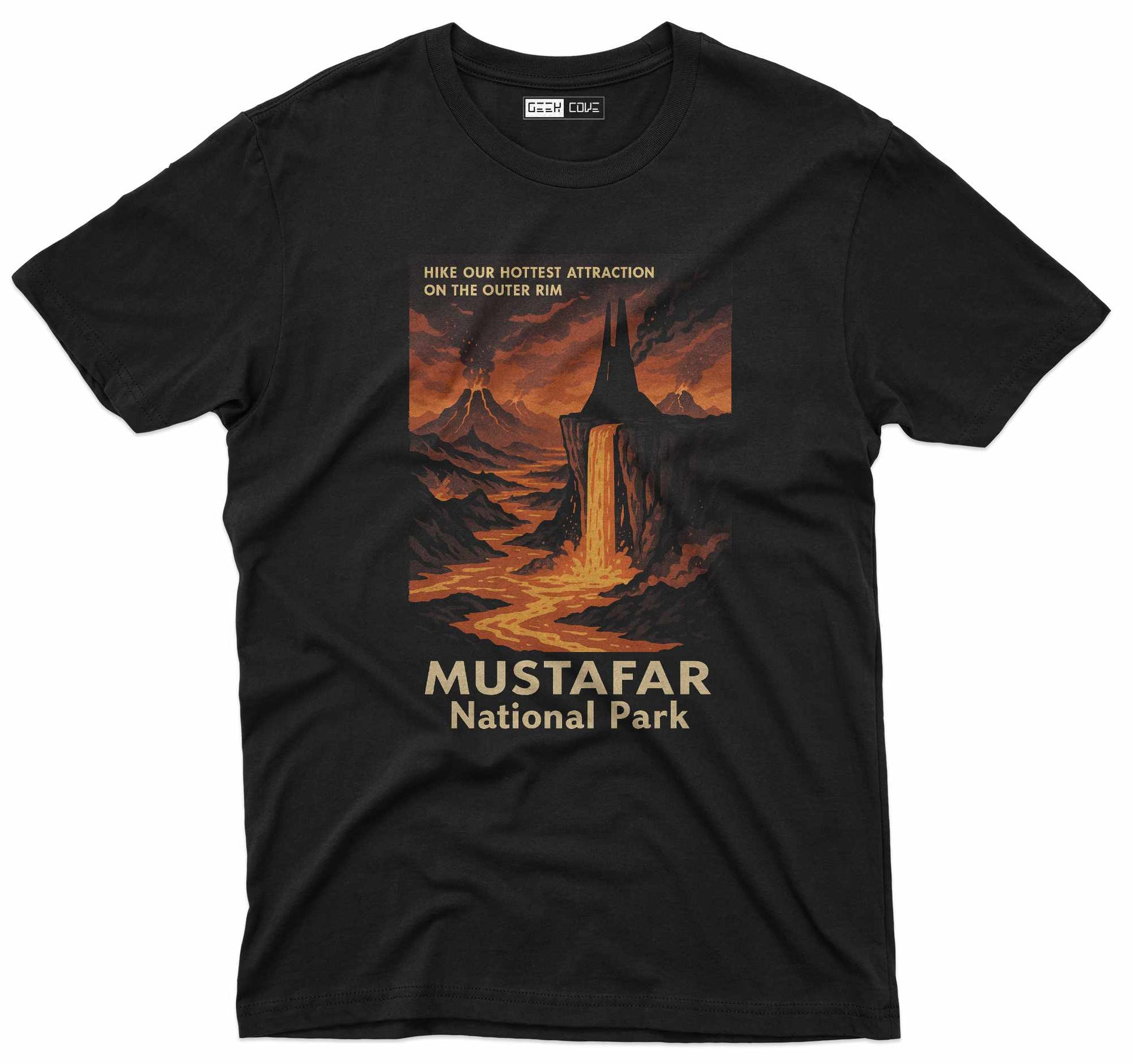 Vintage style space graphic t shirt showing fiery lava landscape on the Outer Rim