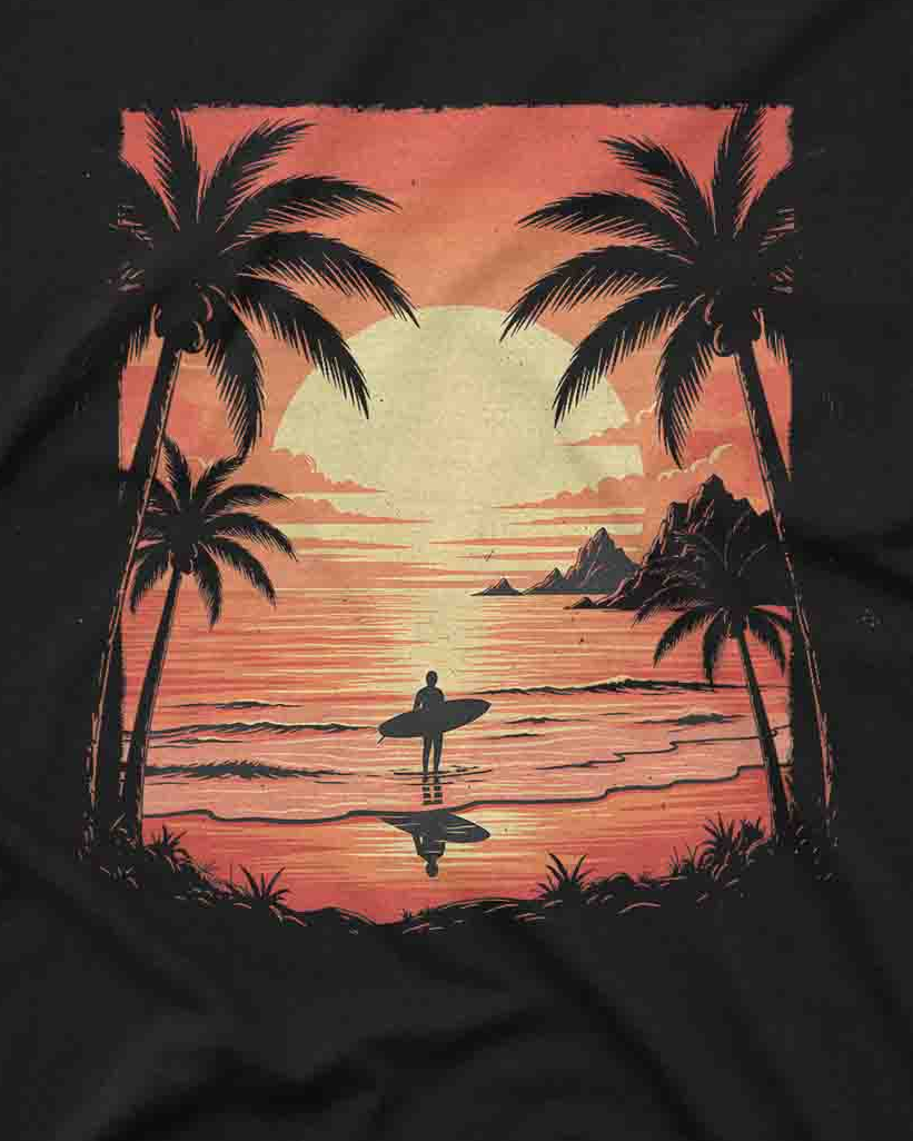 Male Model Wearing Vintage Style Surfing T Shirt, Custom Inks Print