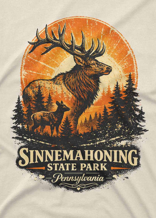 Custom printed men’s T shirt with retro Pennsylvania elk wildlife art