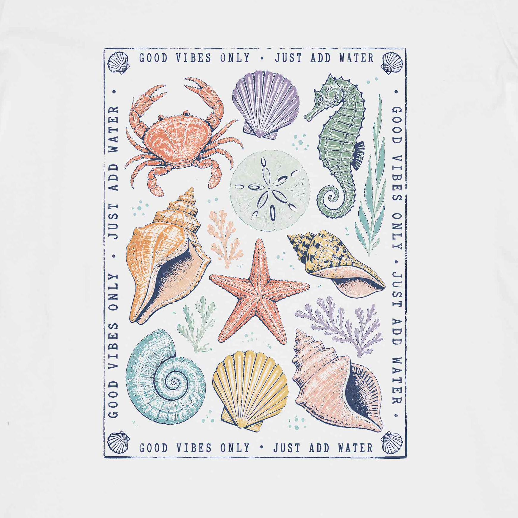 Soft pastel women beach shirt featuring starfish, crab and seahorse coastal illustration