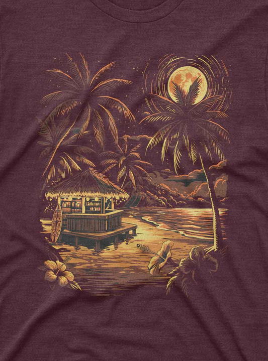 Custom graphic tee featuring vintage tropical bar artwork with ocean scene