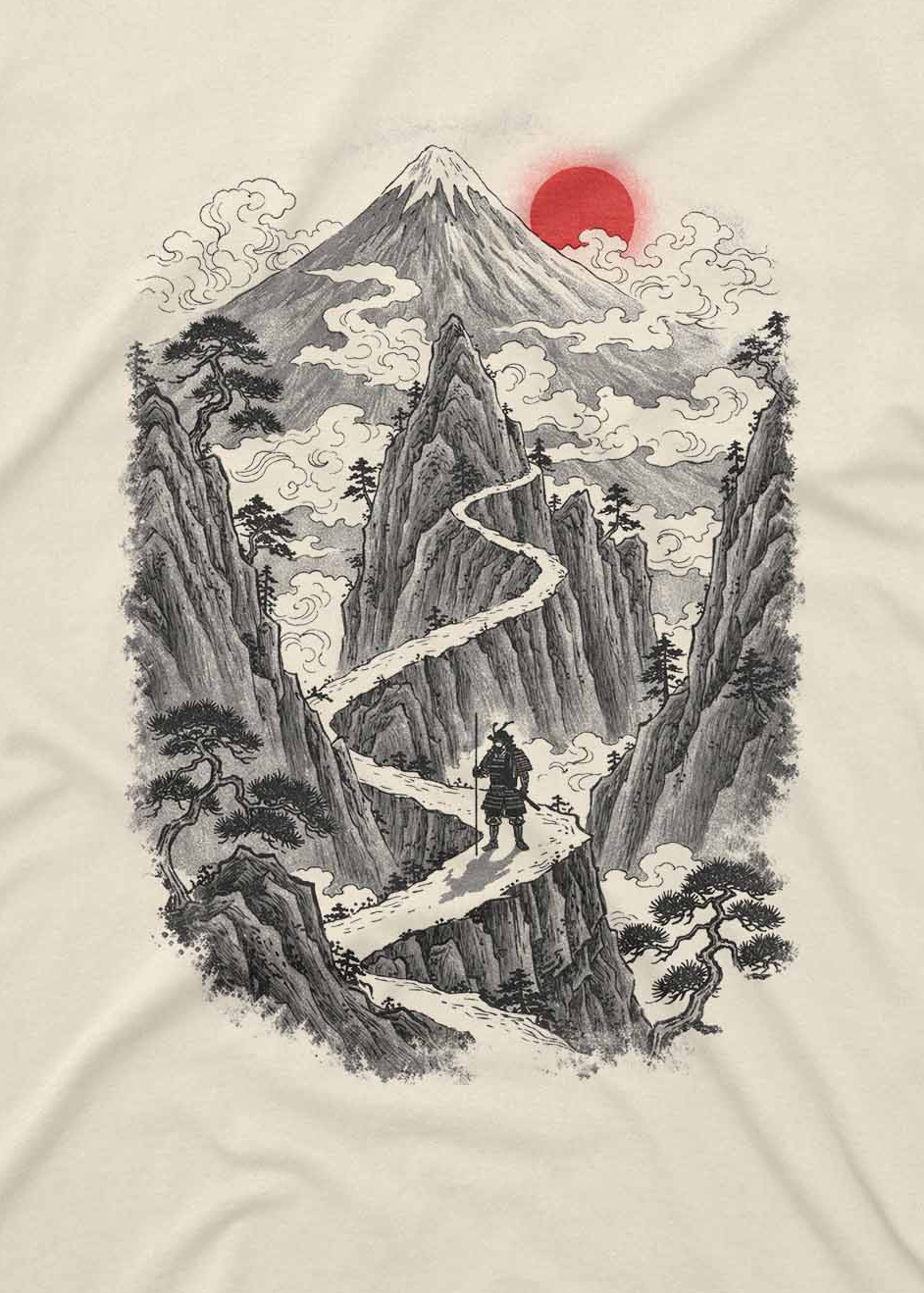 landscape t shirt featuring ink style mountains and rising sun