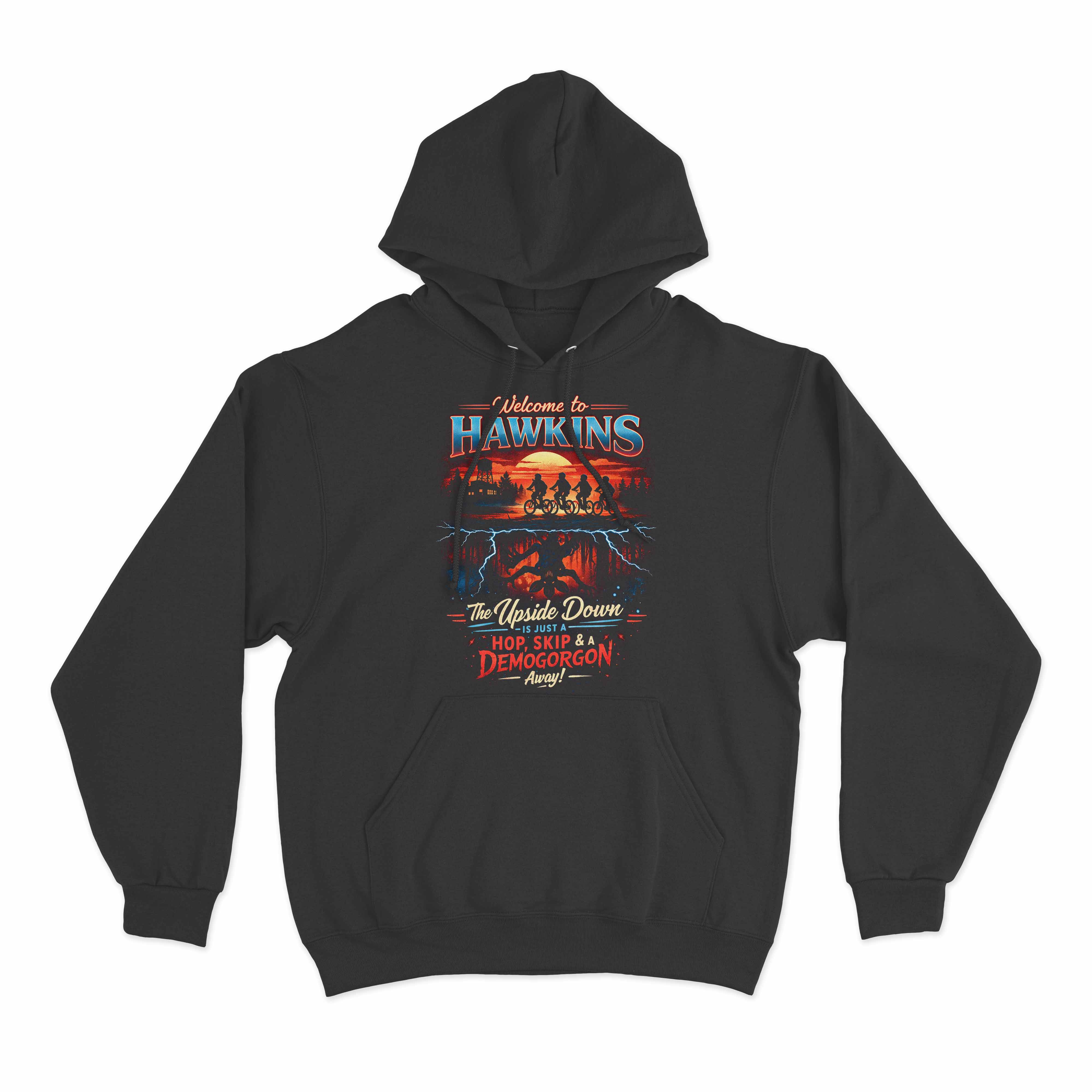 Retro sci fi hoodie featuring Welcome to Hawkins design and eerie artwork