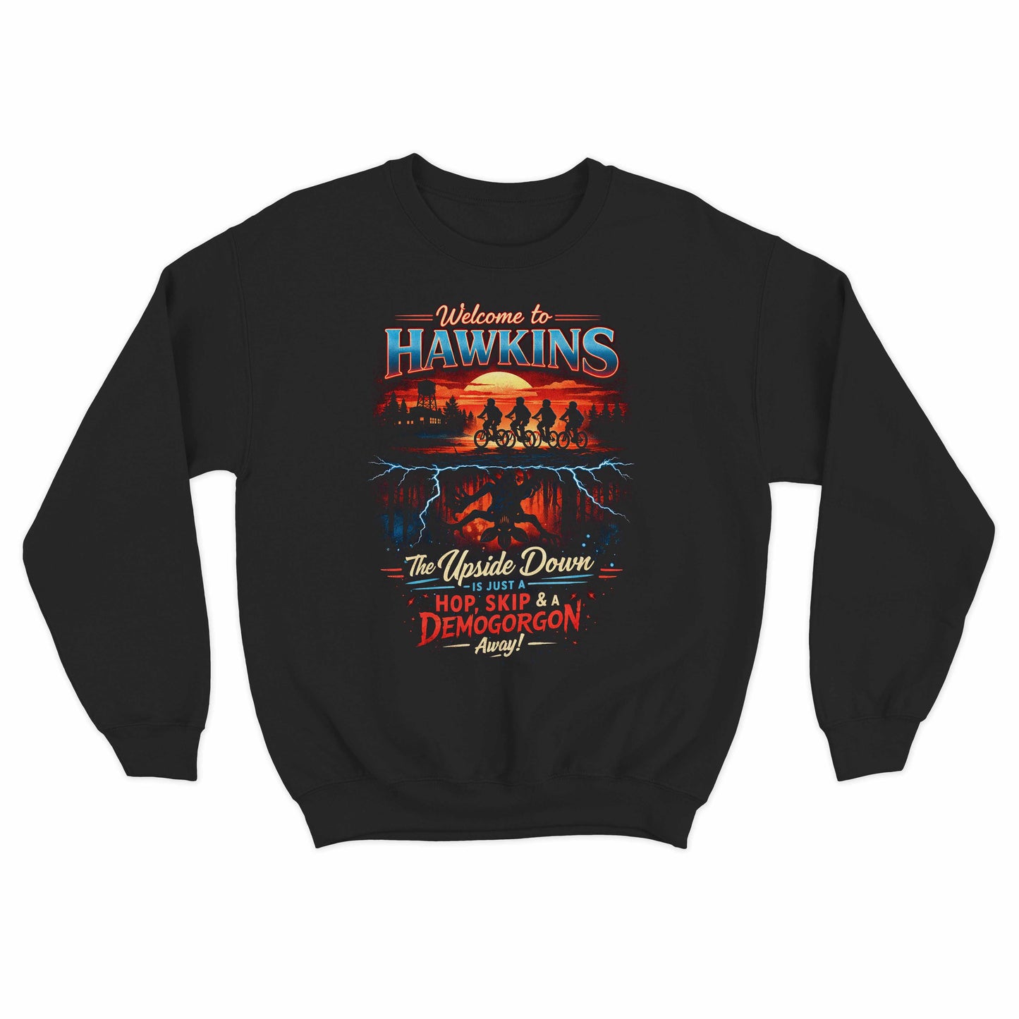 vintage sci fi sweater featuring welcome to hawkins artwork and horror elements