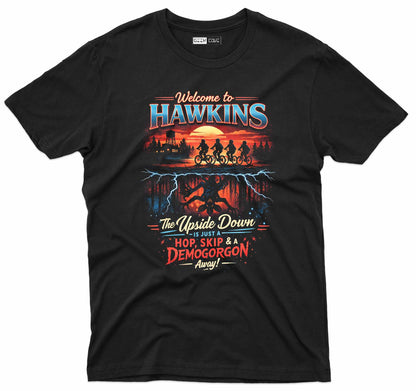 Welcome to Hawkins graphic tee featuring retro sci fi town and dark parallel world