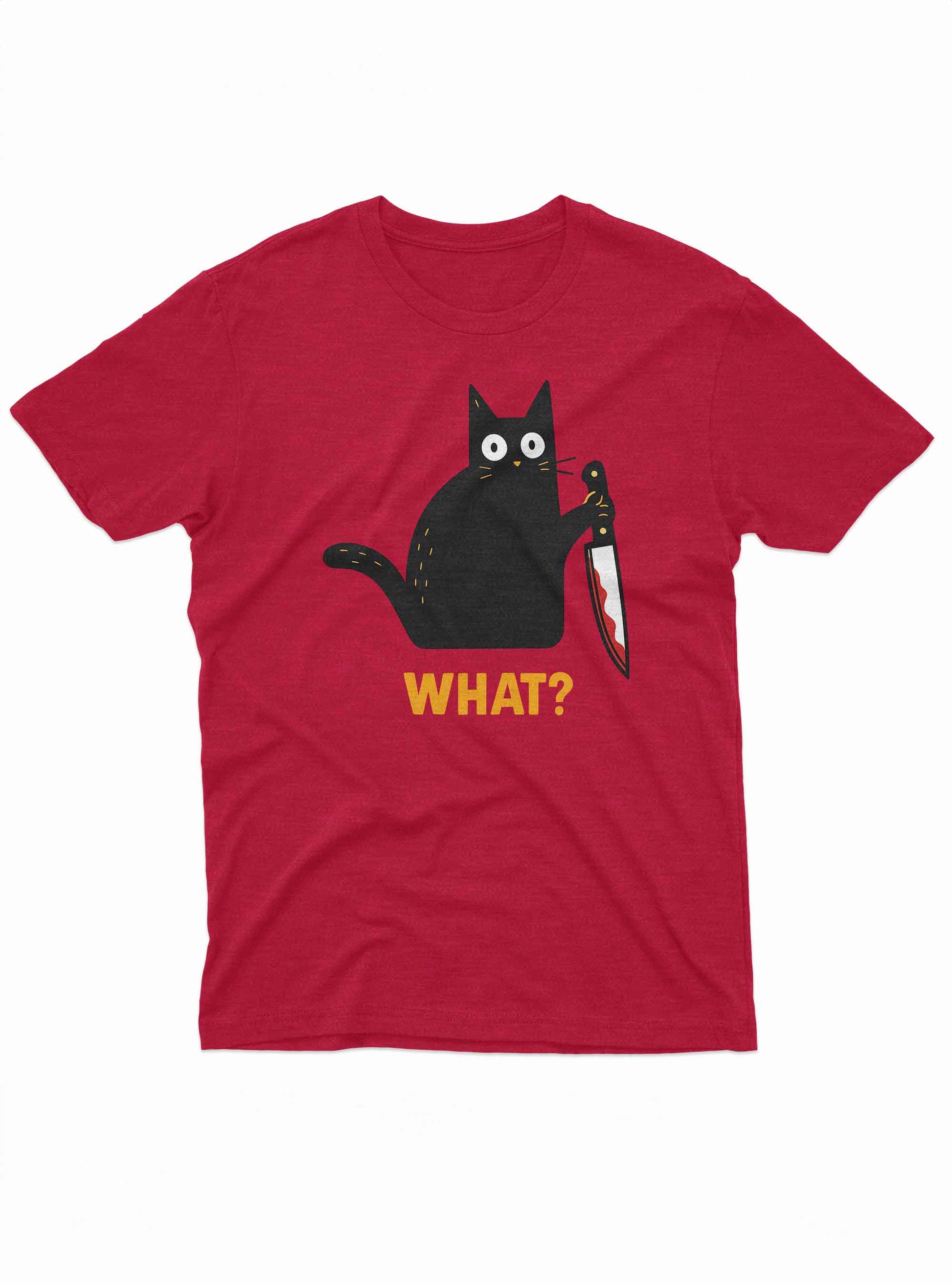 The cat’s eyes are wide and expressionless, suggesting total innocence despite the knife in its paw.