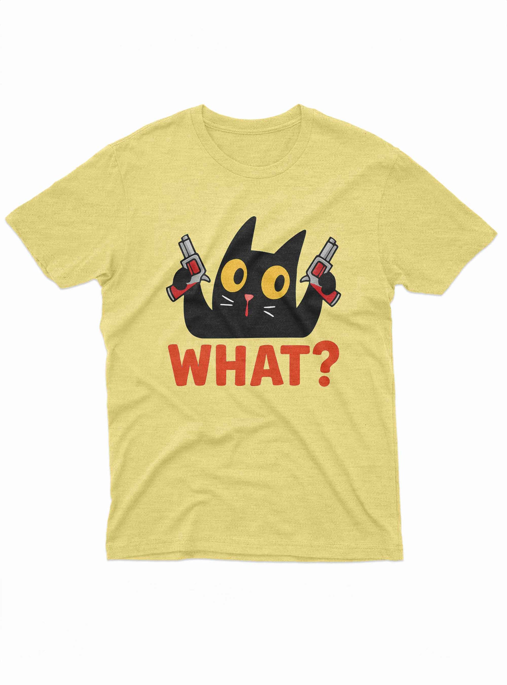 Yellow funny t shirt with black cat holding guns and bold red text WHAT?