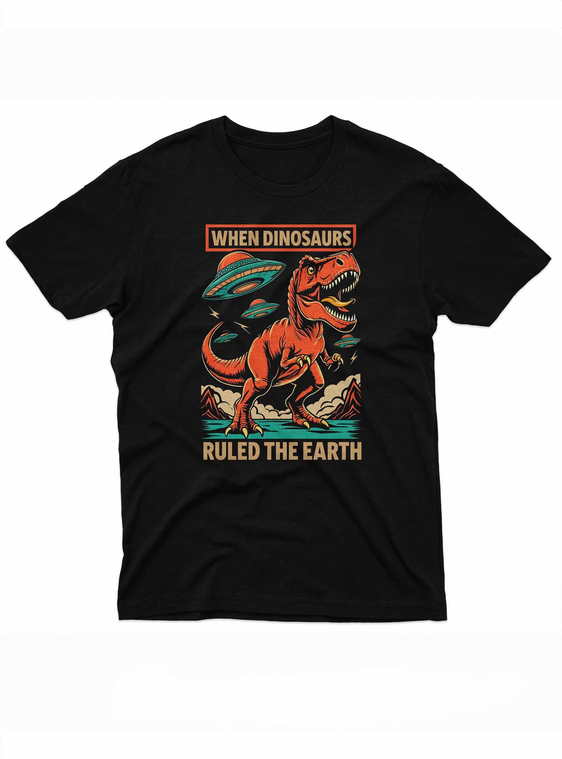 "Retro-style black T-shirt featuring a fierce dinosaur with spaceships in the sky, blending sci-fi and prehistoric themes in one bold design."
