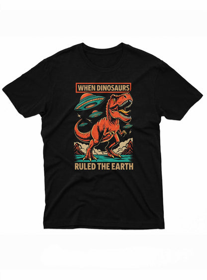 "Retro-style black T-shirt featuring a fierce dinosaur with spaceships in the sky, blending sci-fi and prehistoric themes in one bold design."