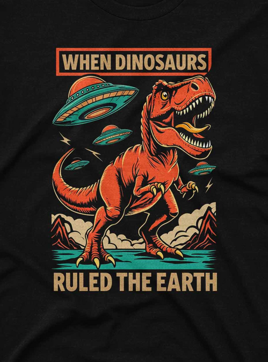 Humorous and artistic tee showcasing a dinosaur during an alien invasion, with vibrant graphics and vintage aesthetics