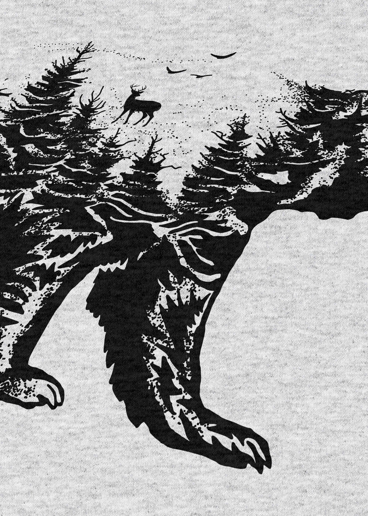 the graphic on the t-shirt presents a bear's silhouette filled with a black and white forest scene. within the bear, pine trees and a solitary deer are depicted, symbolizing the connection between wildlife and their habitats.