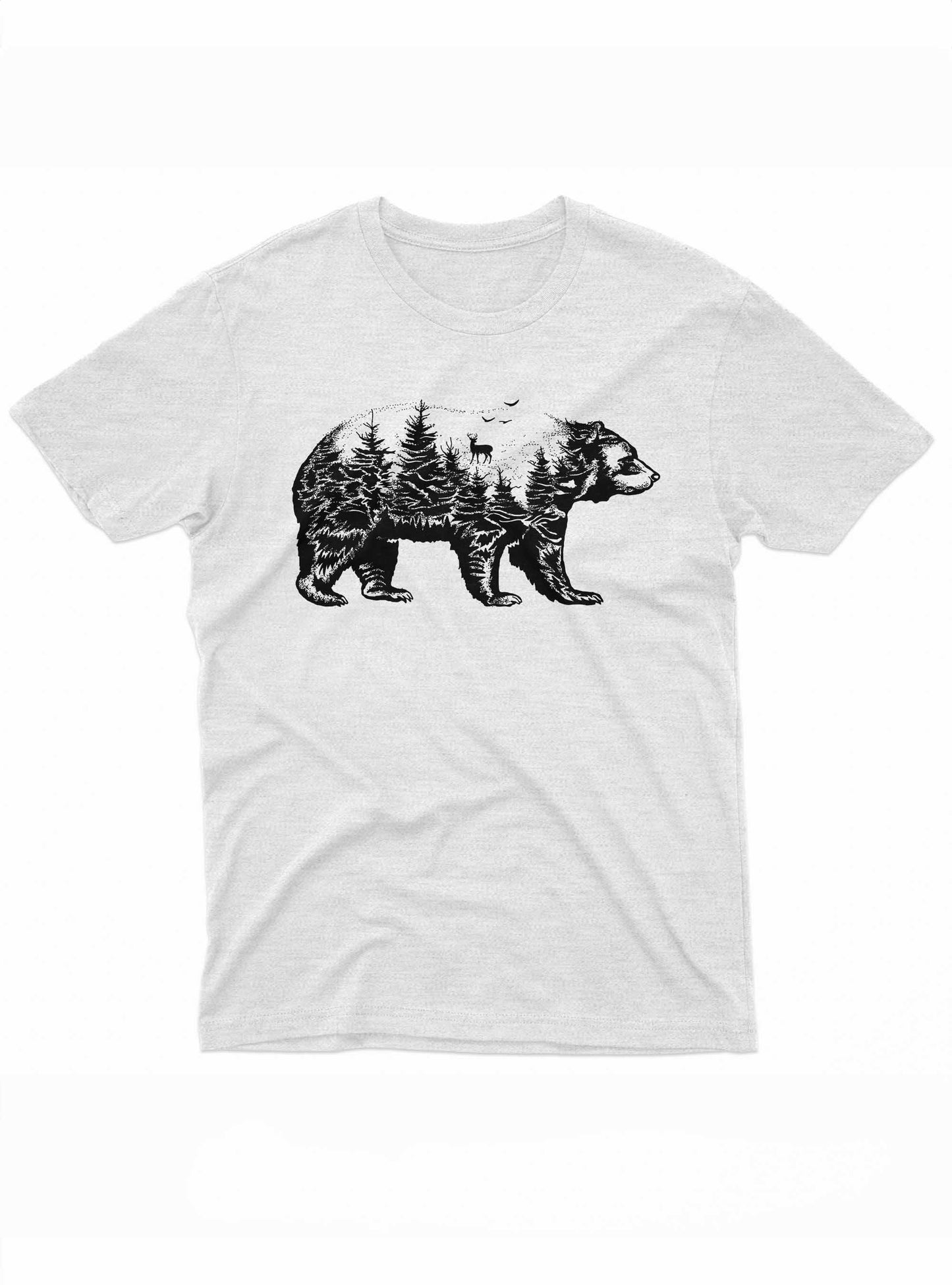 the image features a black and white design of a bear silhouette filled with a detailed forest scene. inside the bear, there are pine trees and a deer standing on a hill, creating a multi-layered visual effect.