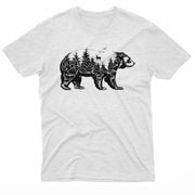 The image features a black and white design of a bear silhouette filled with a detailed forest scene. Inside the bear, there are pine trees and a deer standing on a hill, creating a multi-layered visual effect.