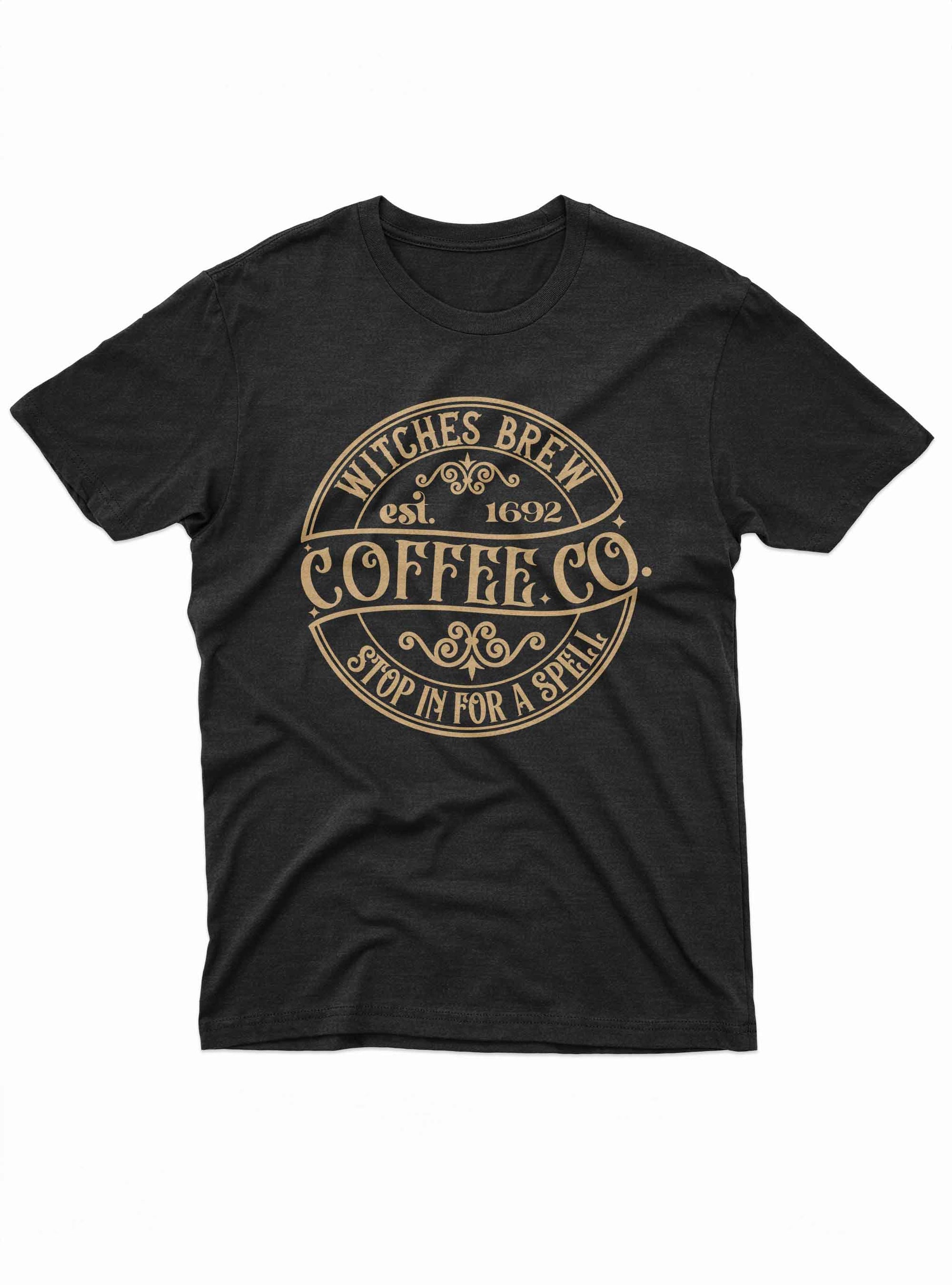 Black Witches Brew Coffee Co. t shirt with vintage spooky logo design
