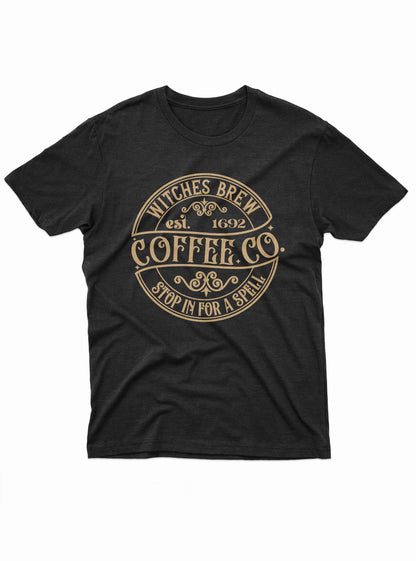 Black Witches Brew Coffee Co. t shirt with vintage spooky logo design