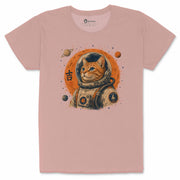 Cosmic Cat Explorer women’s crew neck tee in dusty rose with astronaut cat space graphic