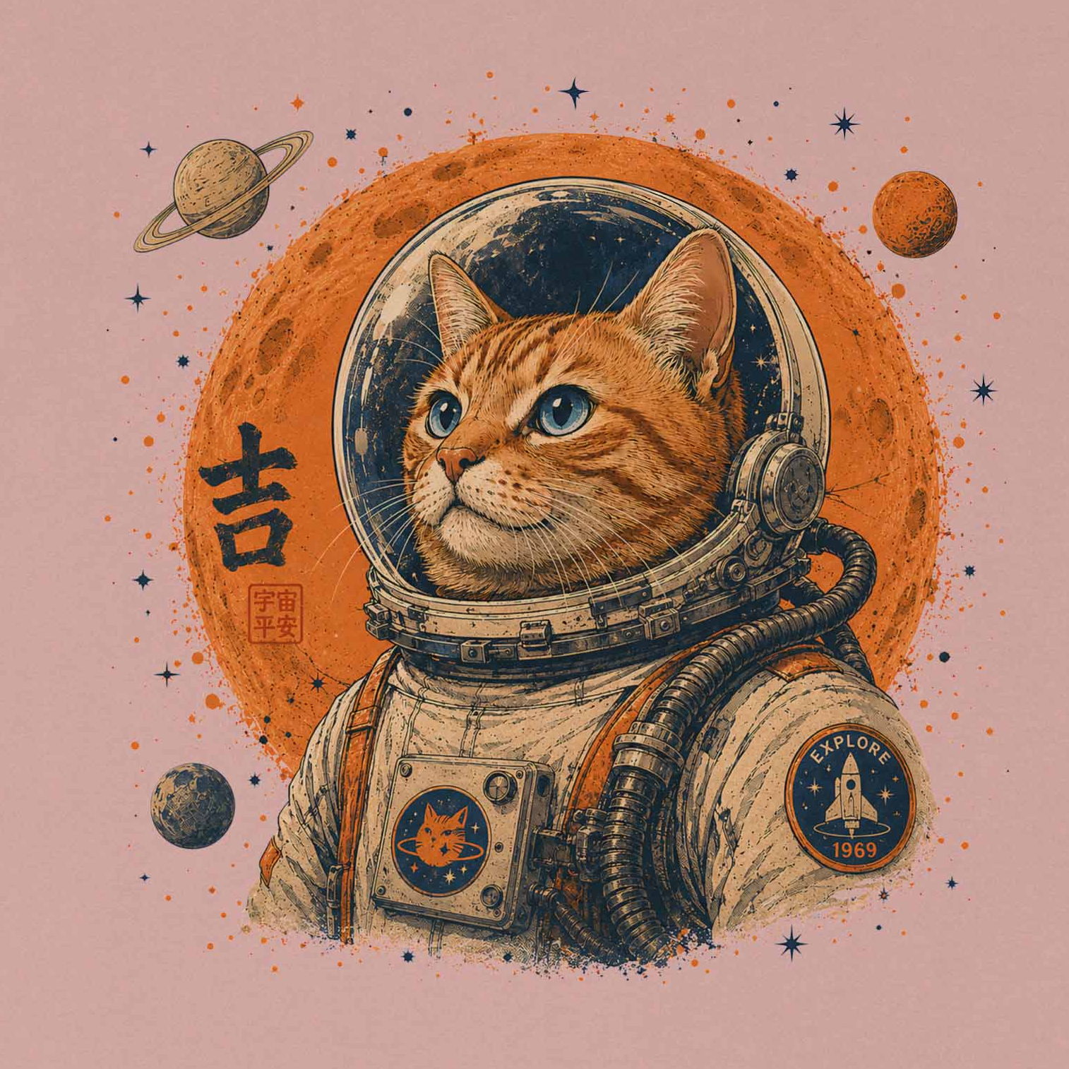 Cosmic Cat Explorer astronaut cat artwork close-up for women’s graphic tee