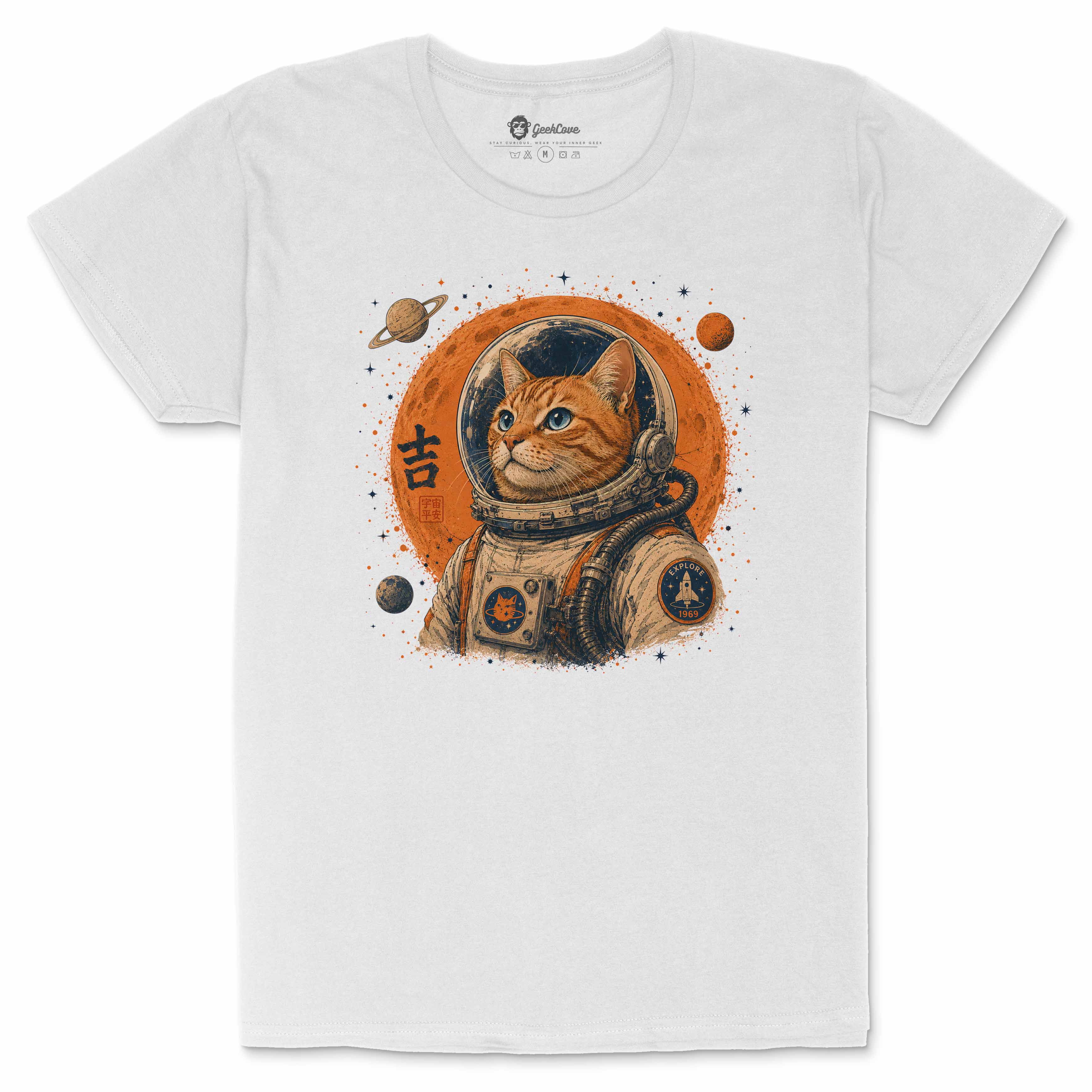 Cosmic Cat Explorer women’s crew neck tee in white with orange tabby astronaut cat graphic
