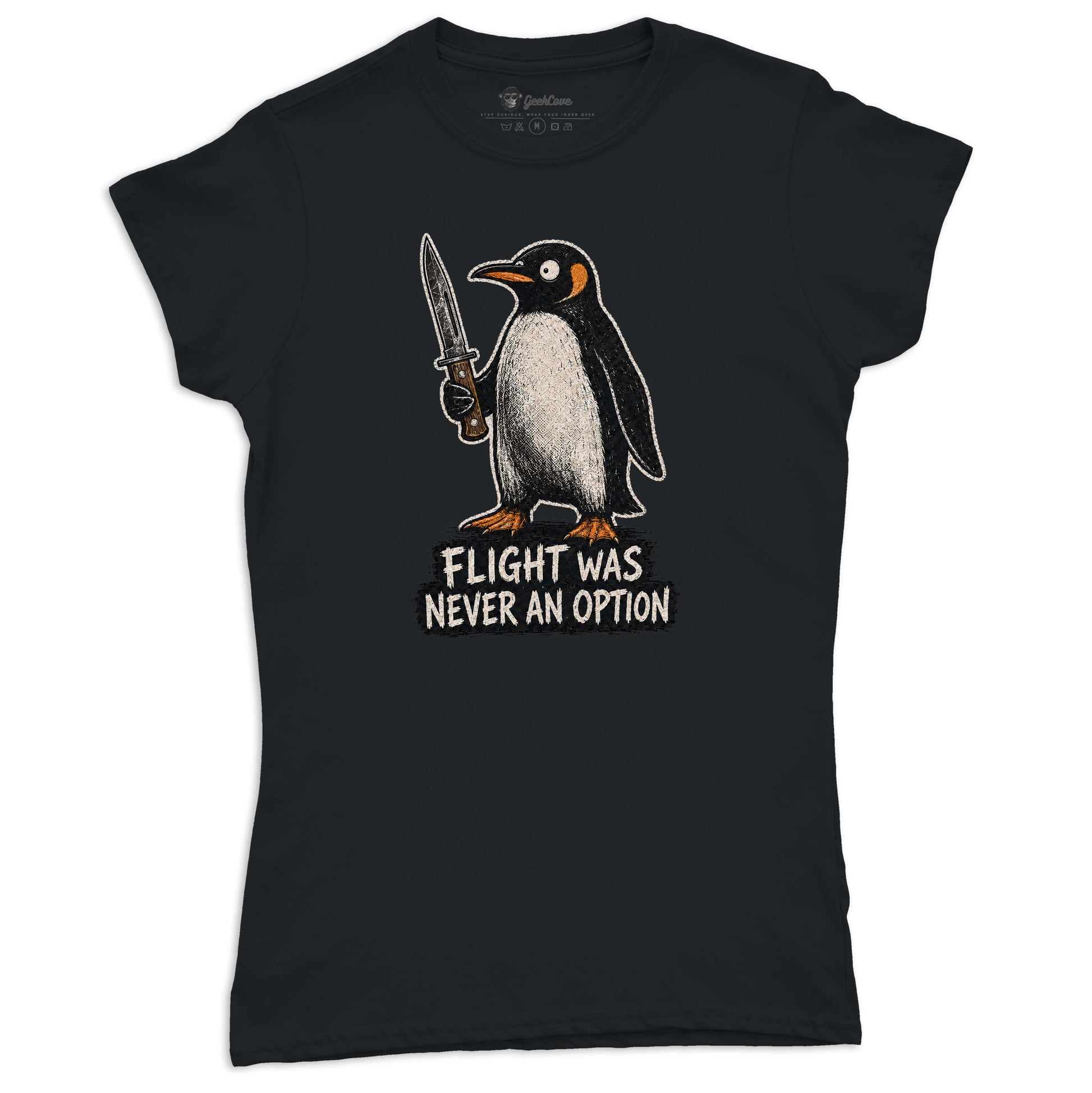 Flight Was Never An Option women’s short sleeve tee in black with funny penguin graphic