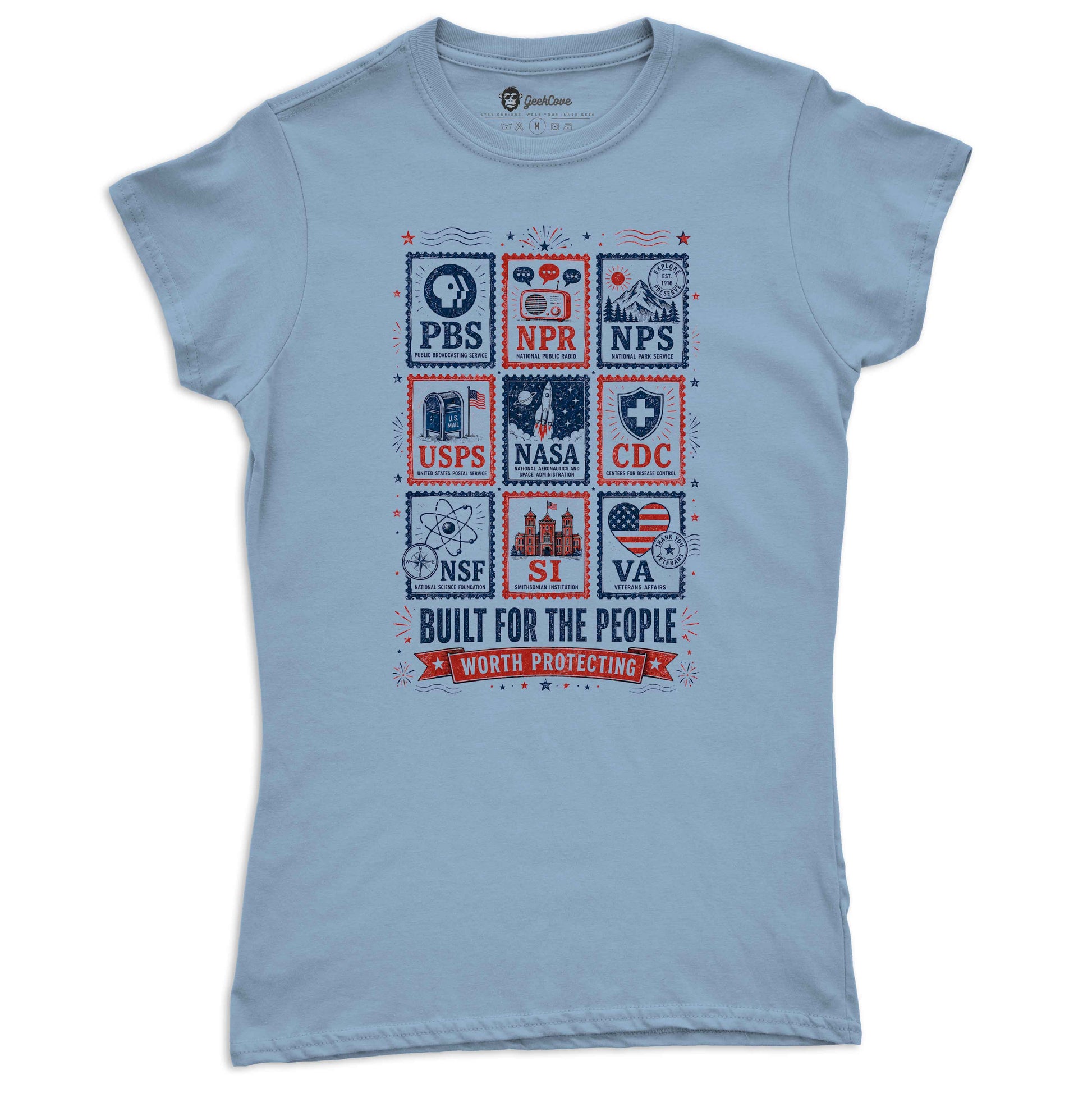 Built For The People women’s short sleeve tee in light blue with civic pride stamp artwork