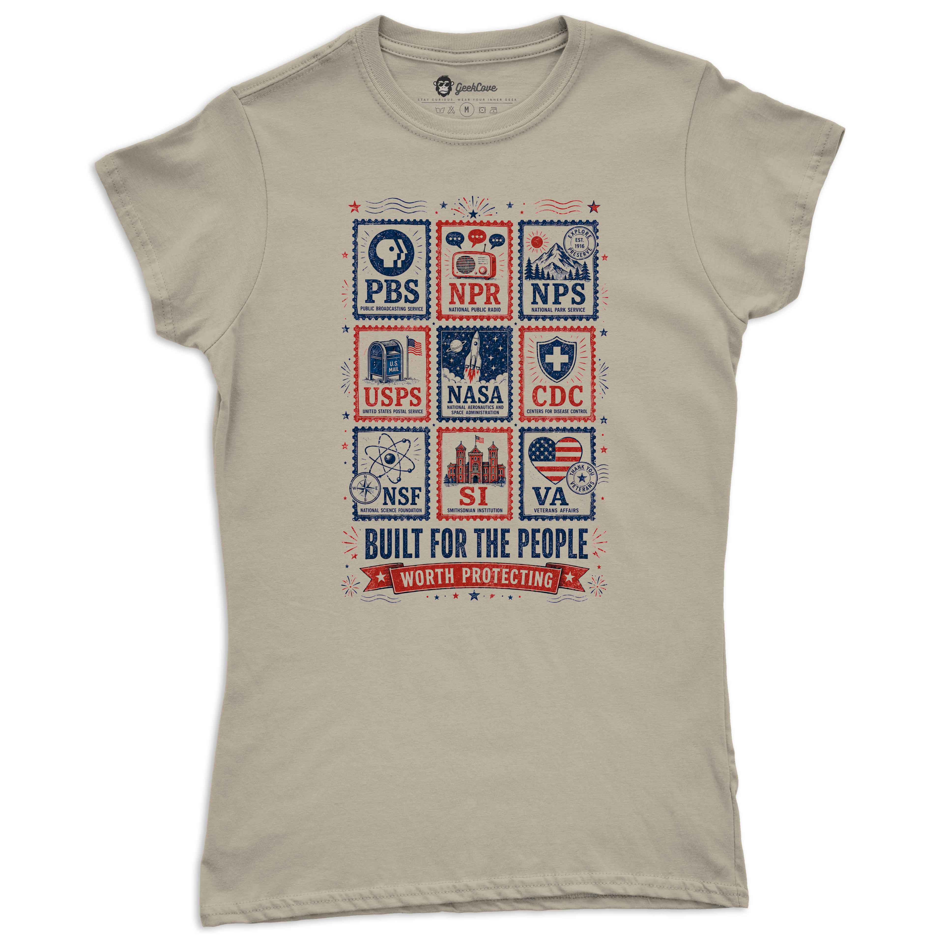Built For The People women’s short sleeve tee in sand with public-service inspired graphic