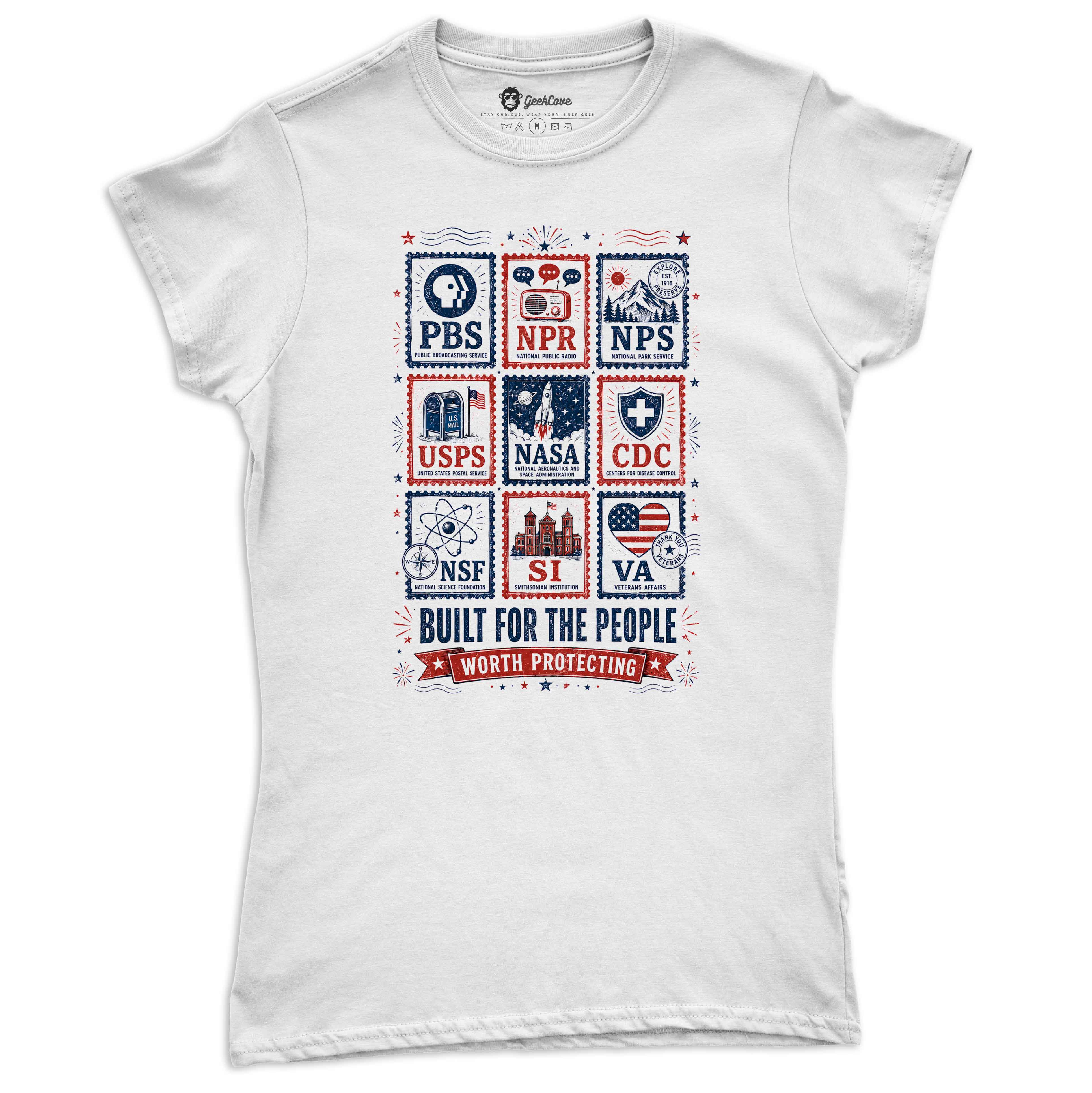 Built For The People women’s short sleeve tee in white with public-service stamp collage artwork