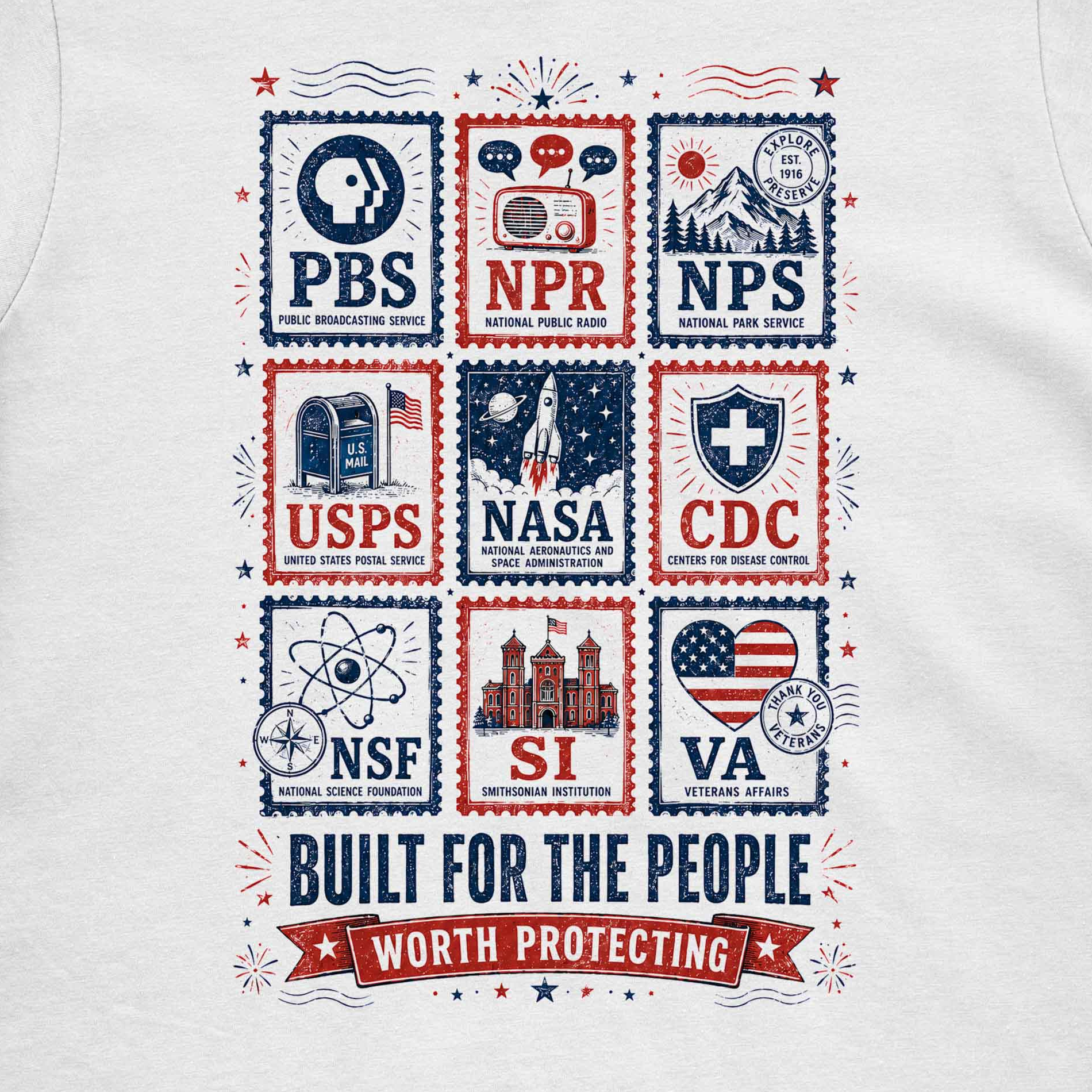 Built For The People public-service inspired stamp collage artwork close-up for women’s tee