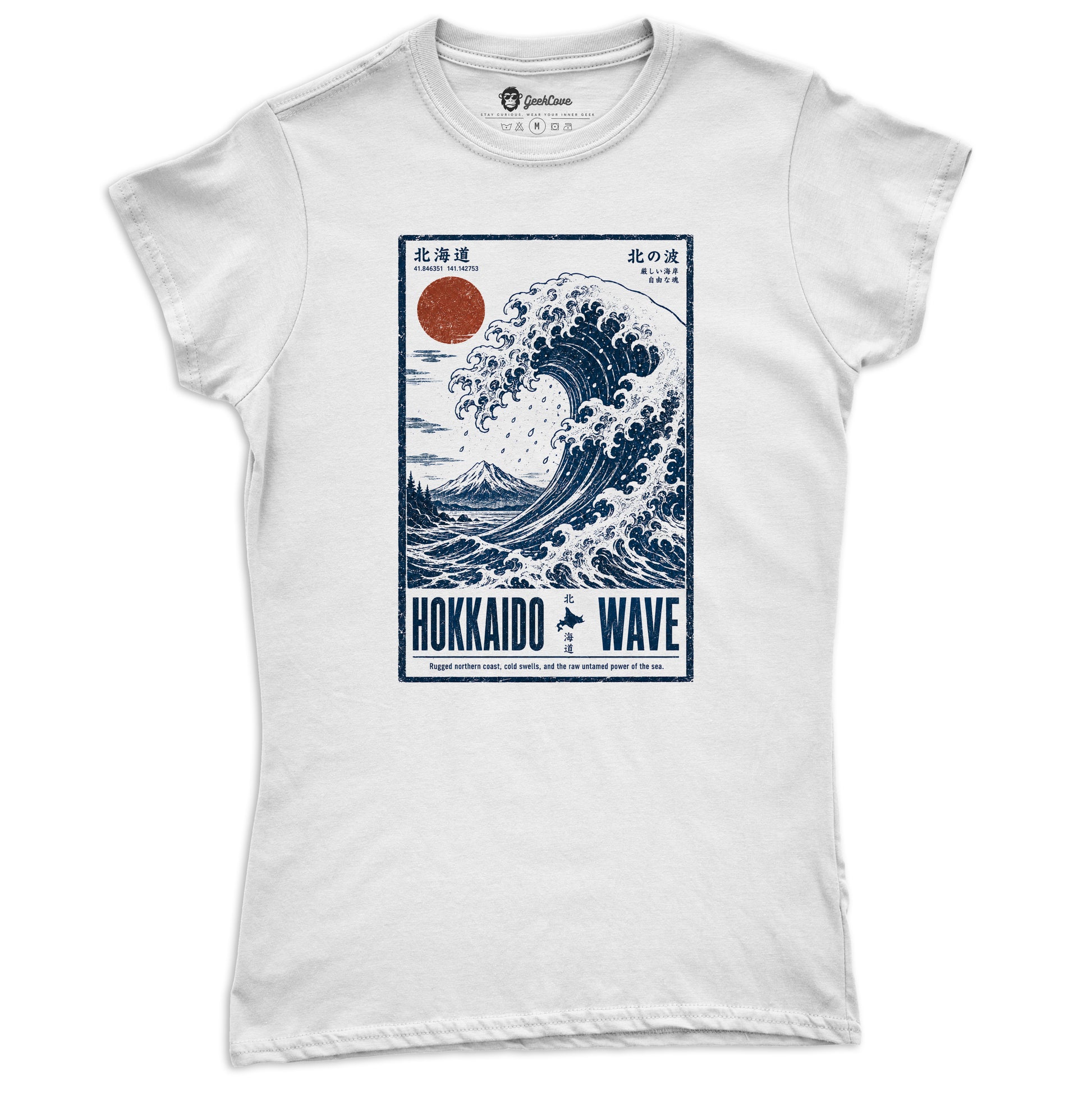Hokkaido Wave women’s short sleeve tee in white with Japanese ocean wave and mountain graphic
