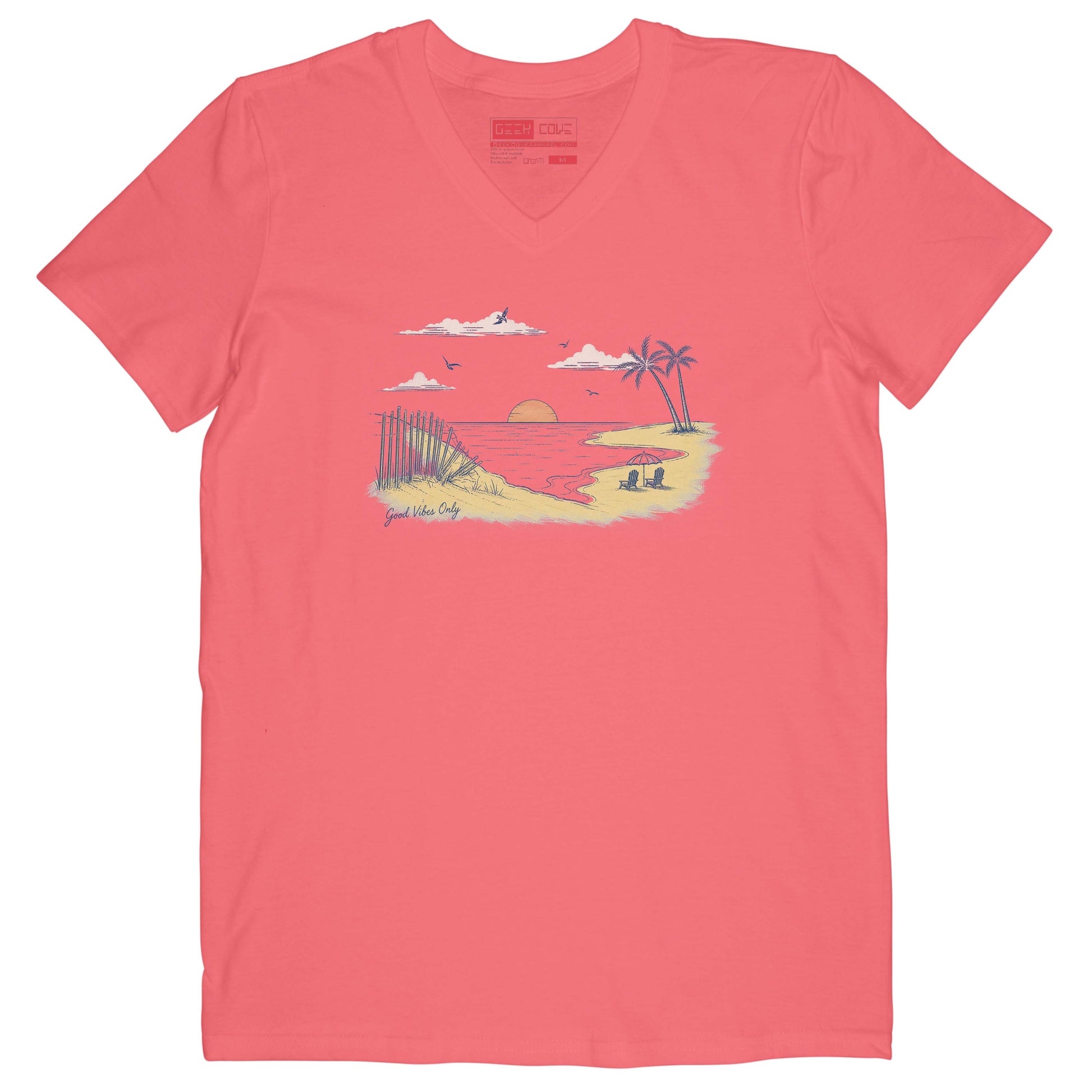 Stylish women V-neck T shirt featuring a retro seaside sunset illustration and ocean aesthetic