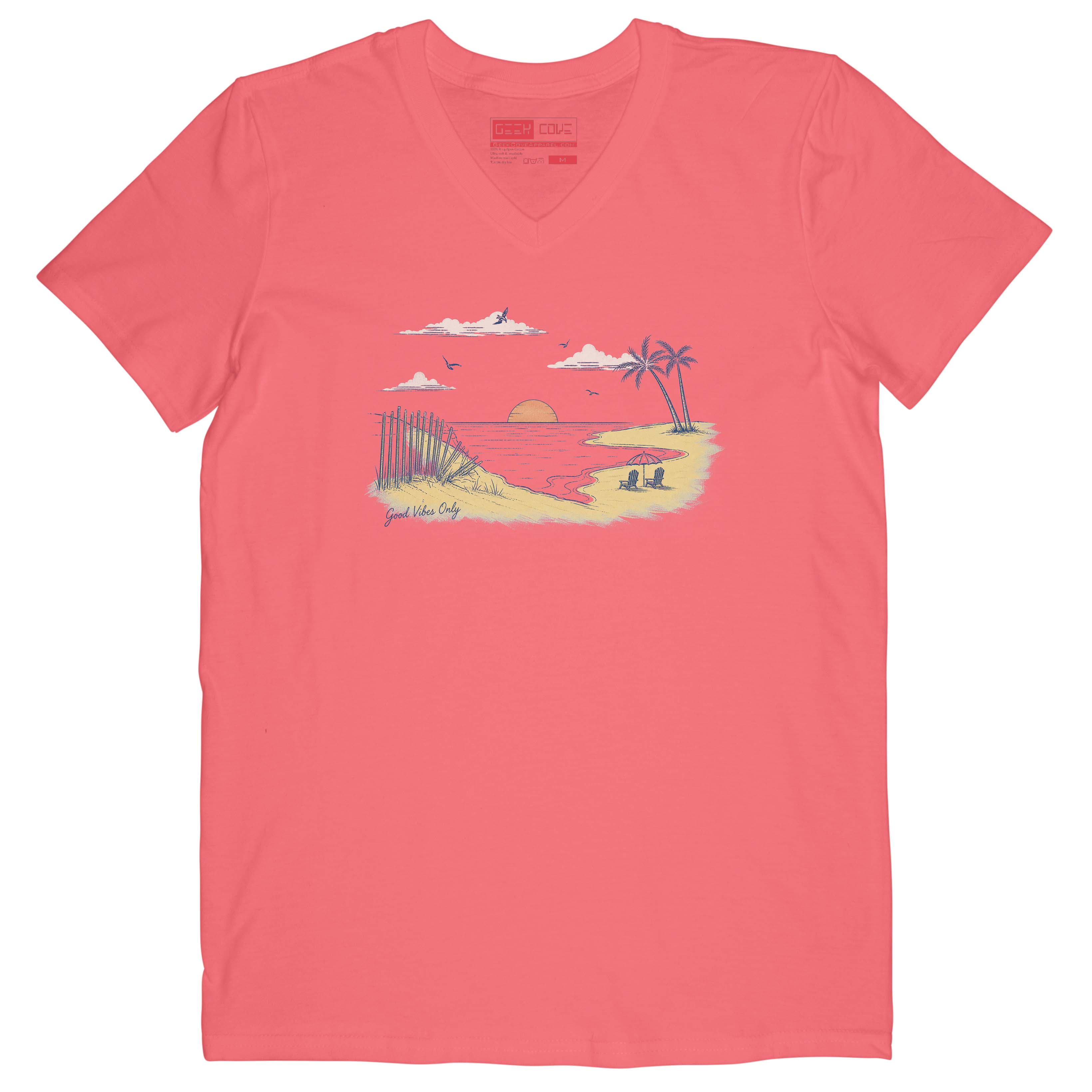 Stylish women V-neck T shirt featuring a retro seaside sunset illustration and ocean aesthetic