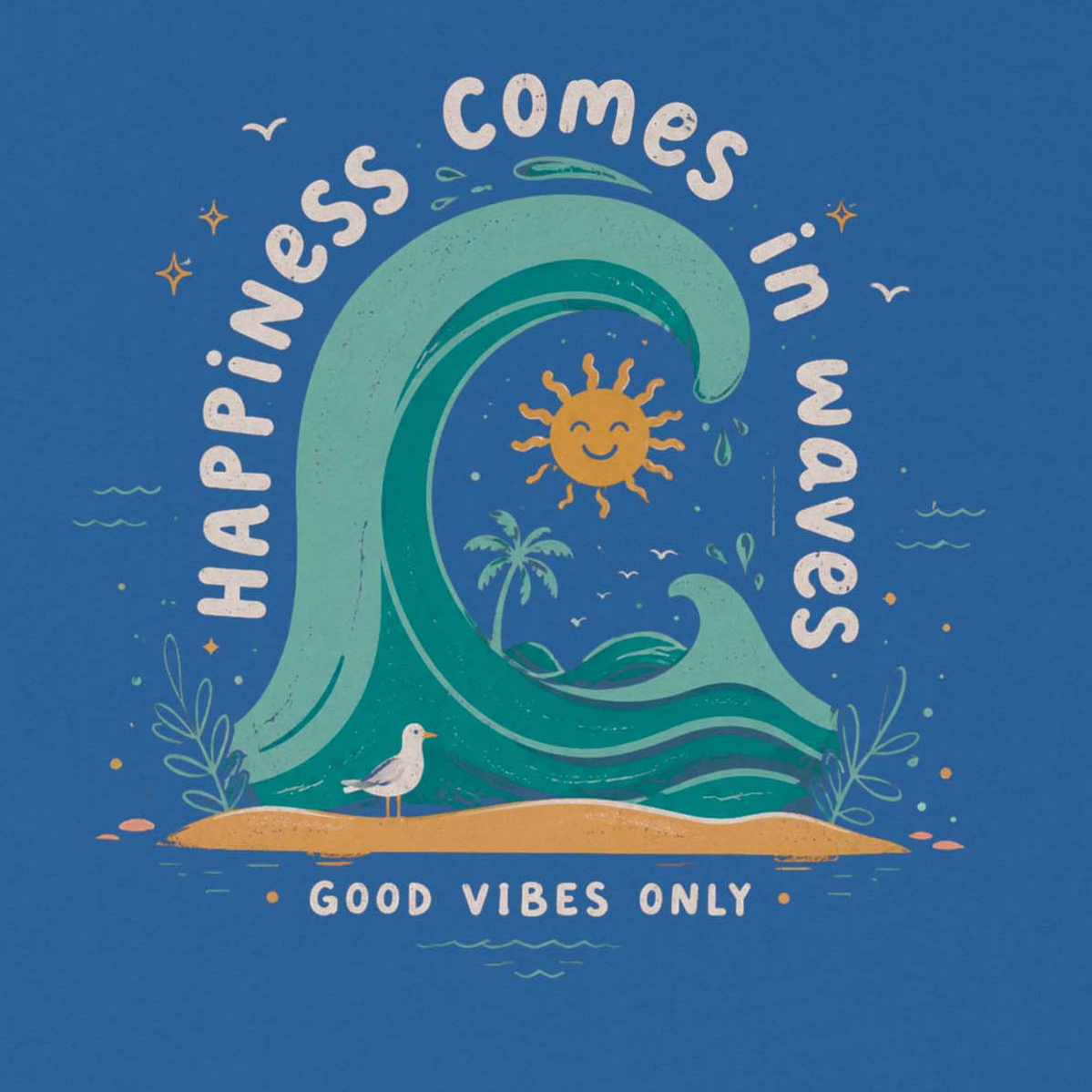 Women’s custom T Shirt with playful ocean wave, smiling sun, and palm tree graphic