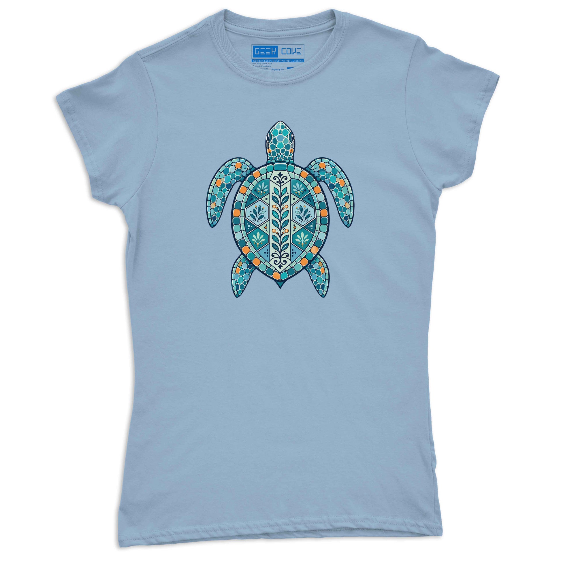 Women’s pastel blue turtle graphic tee featuring artistic nautical mosaic artwork