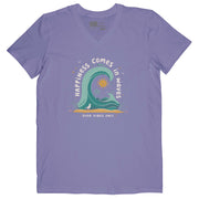 Women’s custom T Shirt with Happiness Comes in Waves surf-inspired coastal design