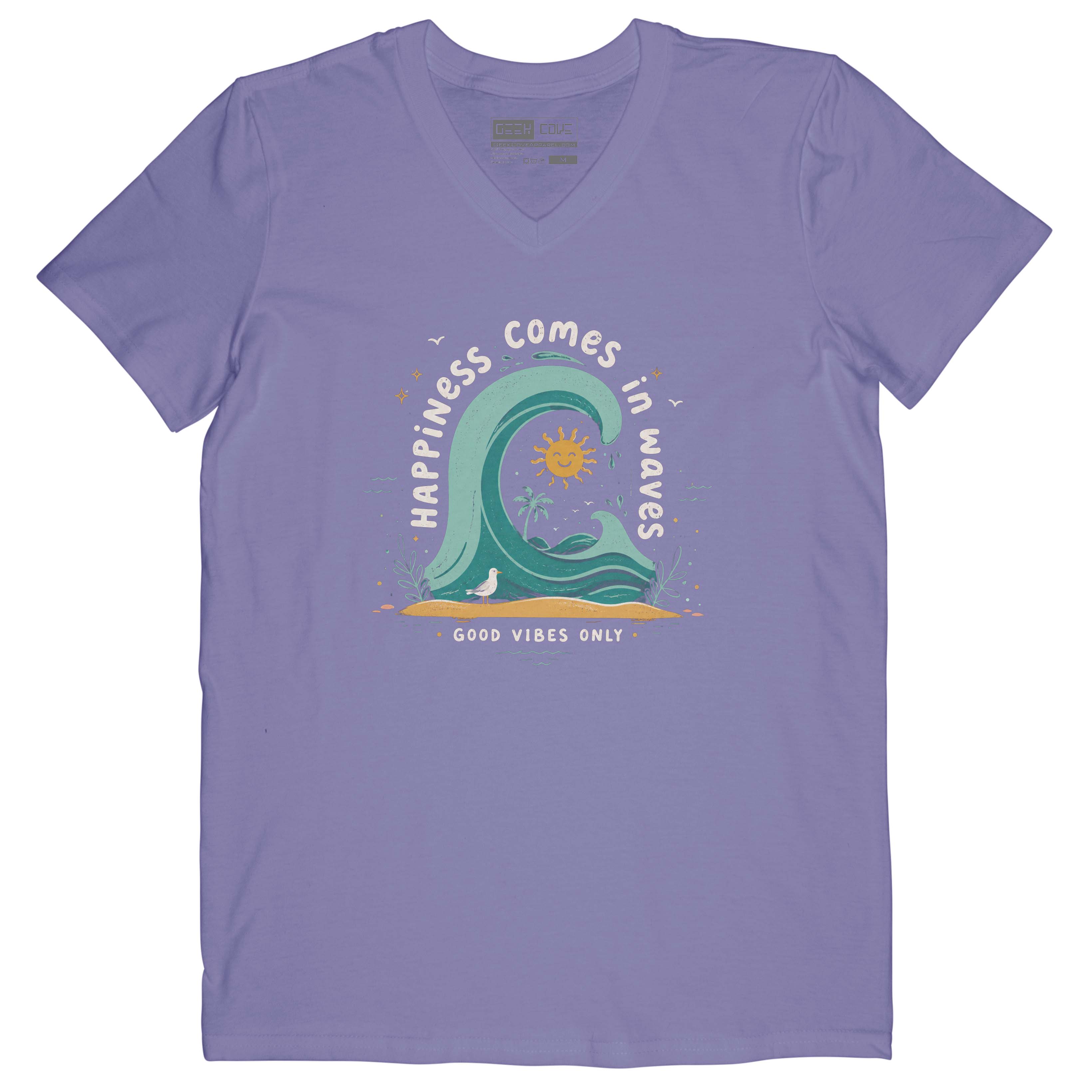 Women’s custom T Shirt with Happiness Comes in Waves surf-inspired coastal design