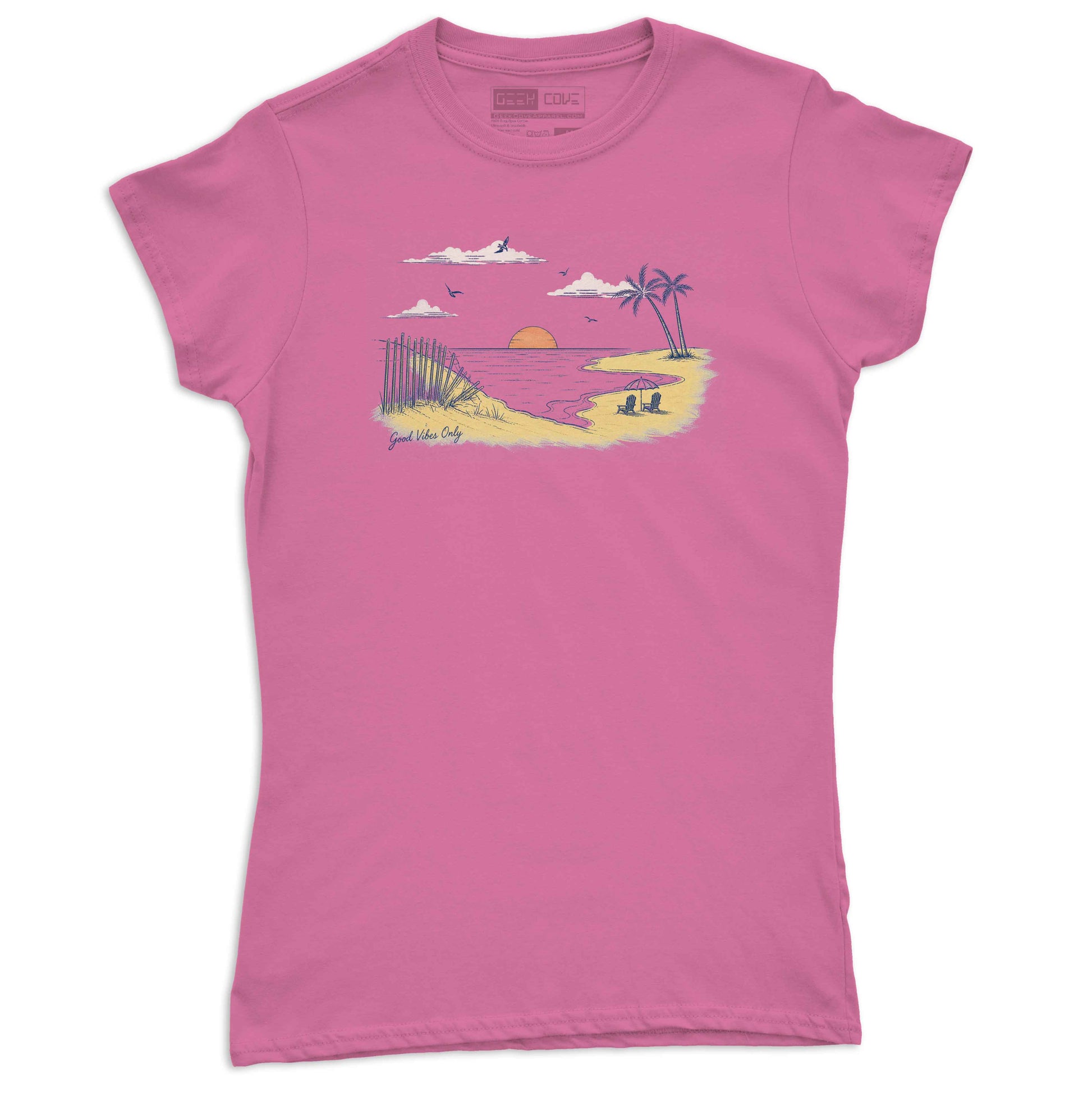 Women’s beach sunset shirt featuring palm trees, ocean waves, and tropical coastal artwork
