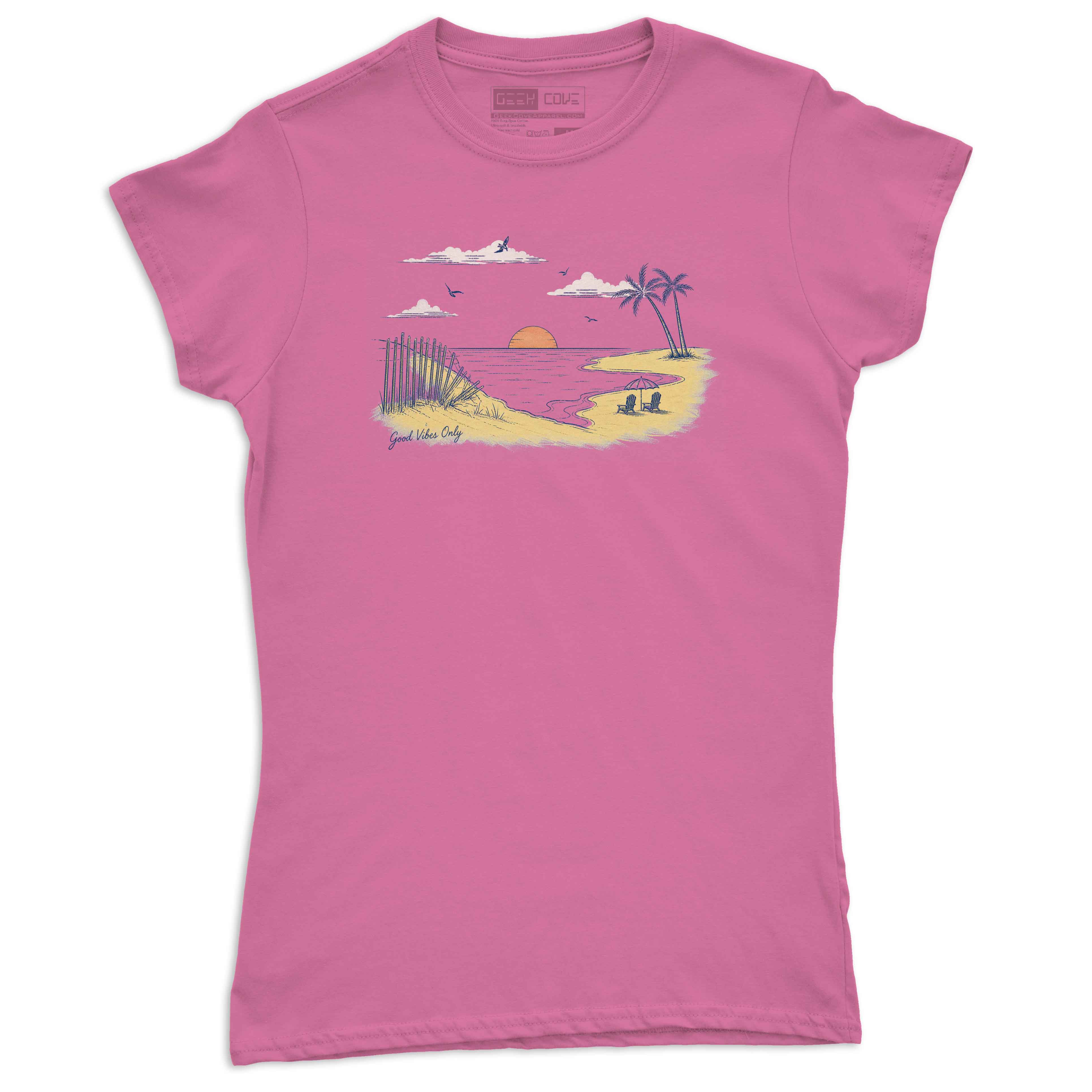 Women’s beach sunset shirt featuring palm trees, ocean waves, and tropical coastal artwork