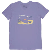 Women’s light blue V-neck graphic tee featuring a tropical beach sunset with palm trees