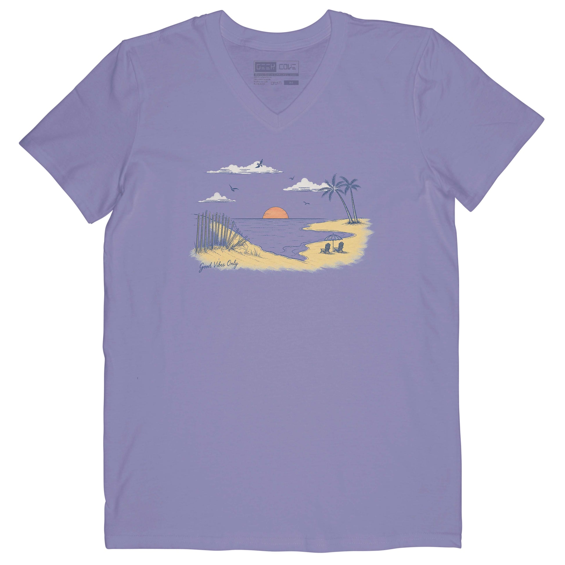 Women’s light blue V-neck graphic tee featuring a tropical beach sunset with palm trees