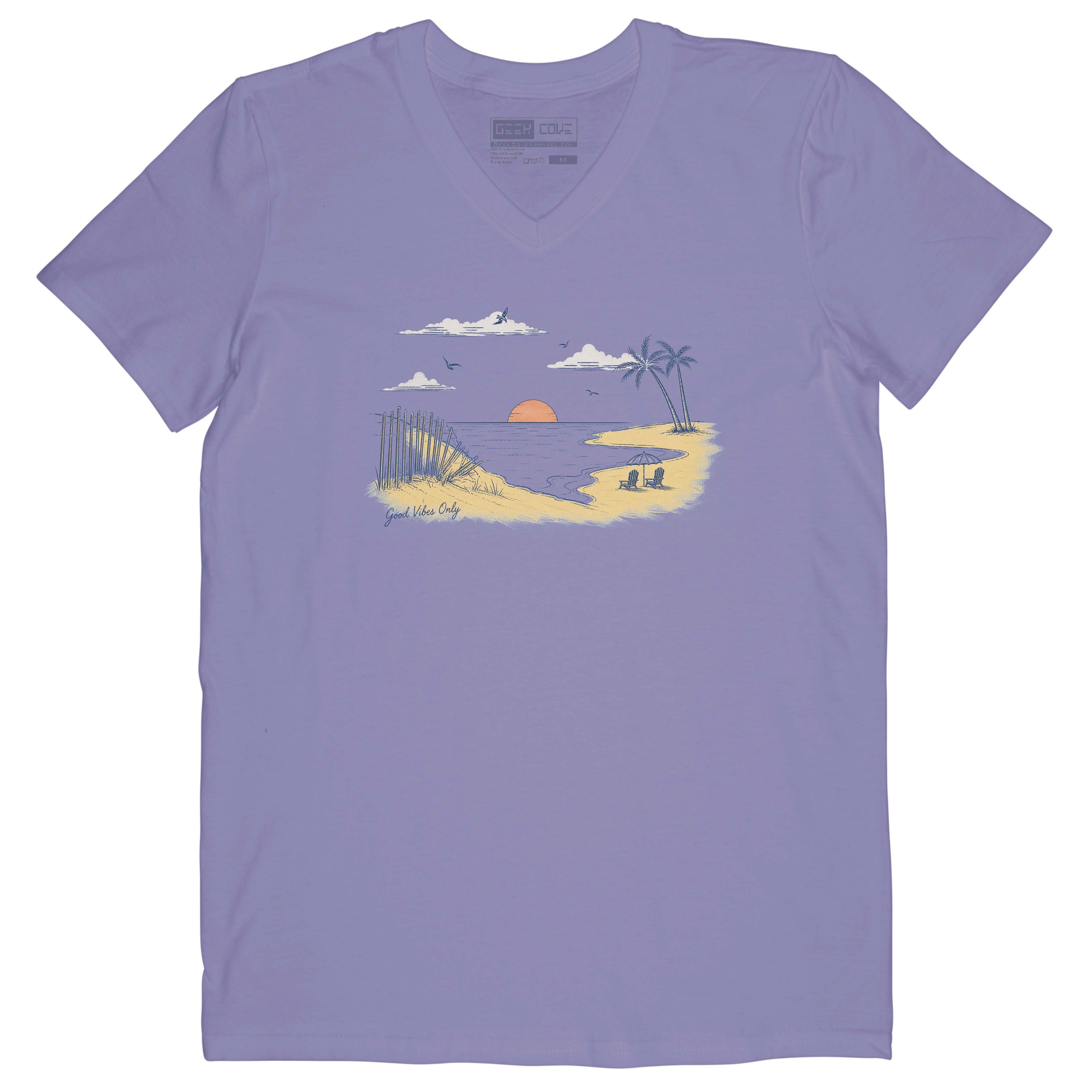 Women’s light blue V-neck graphic tee featuring a tropical beach sunset with palm trees