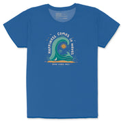 Teal women’s graphic tee featuring wave, sun, palm tree, and Good Vibes Only text