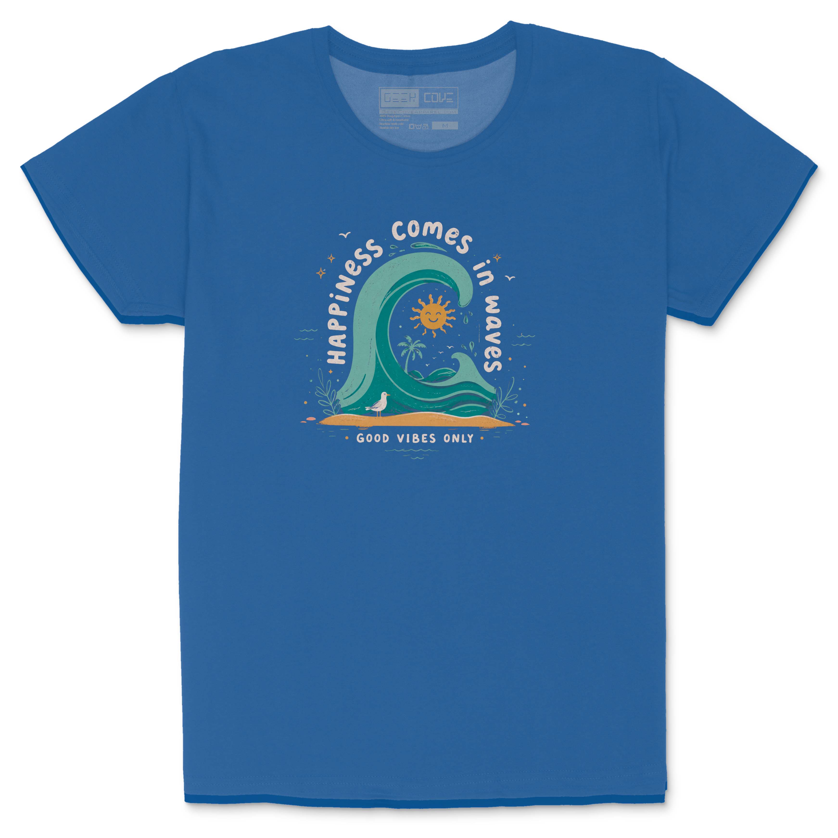 Teal women’s graphic tee featuring wave, sun, palm tree, and Good Vibes Only text