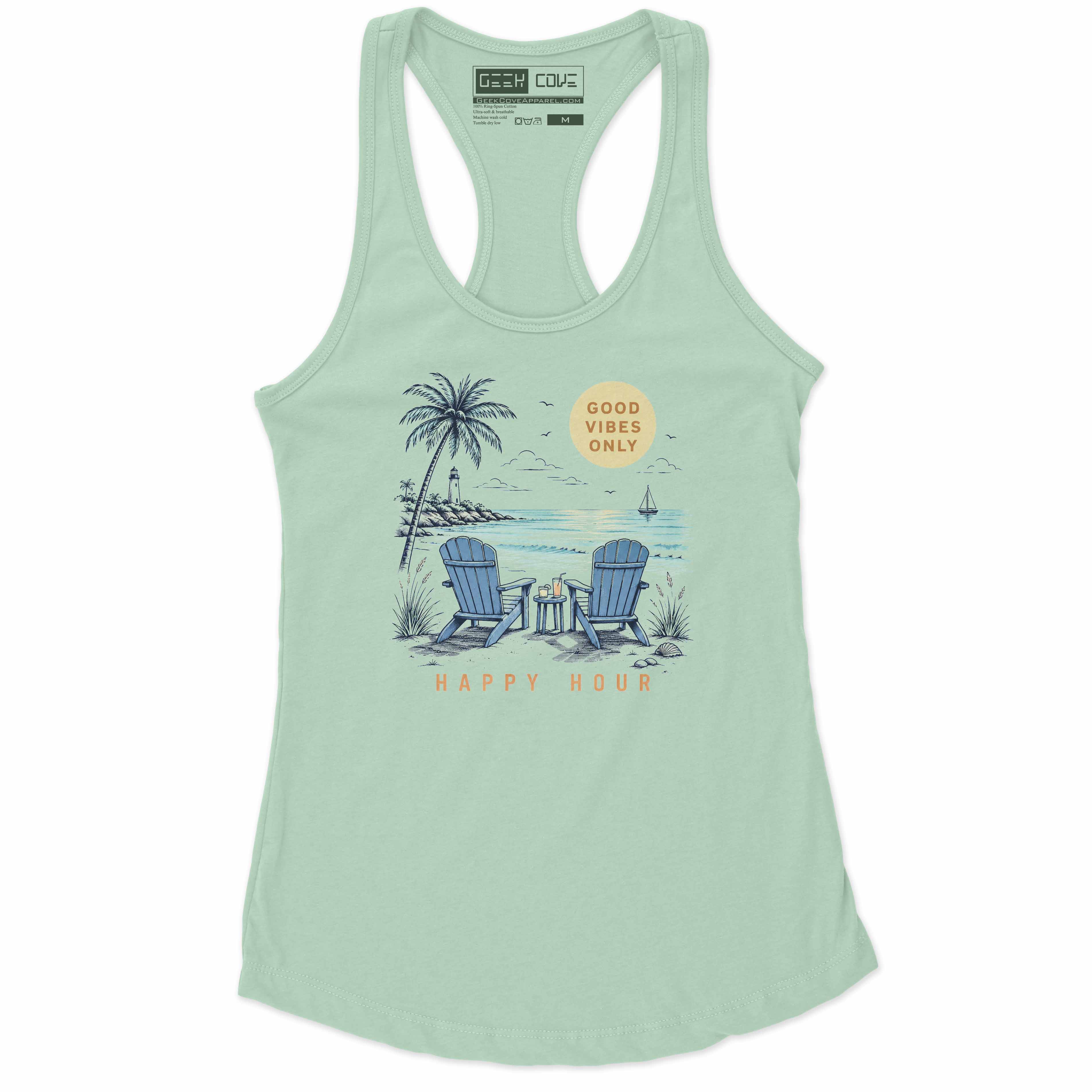 Women’s mint Tank Top with Happy Hour beach chair and palm tree graphic