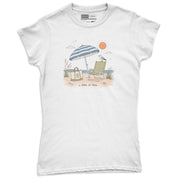 Women’s white V-neck T Shirt with beach umbrella, chair, seagull, sun, and I like it here text.