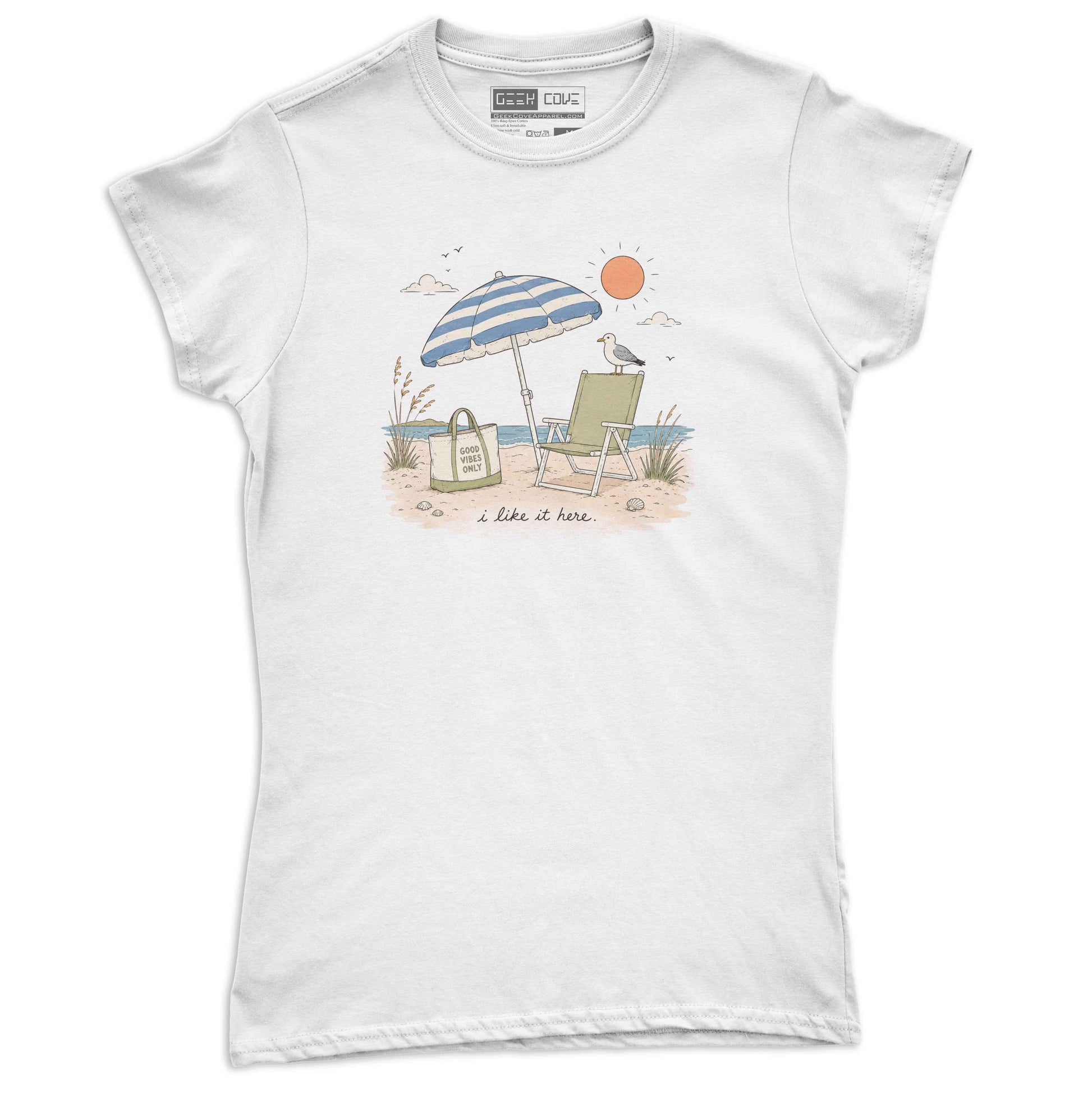 Women’s white V-neck T Shirt with beach umbrella, chair, seagull, sun, and I like it here text.