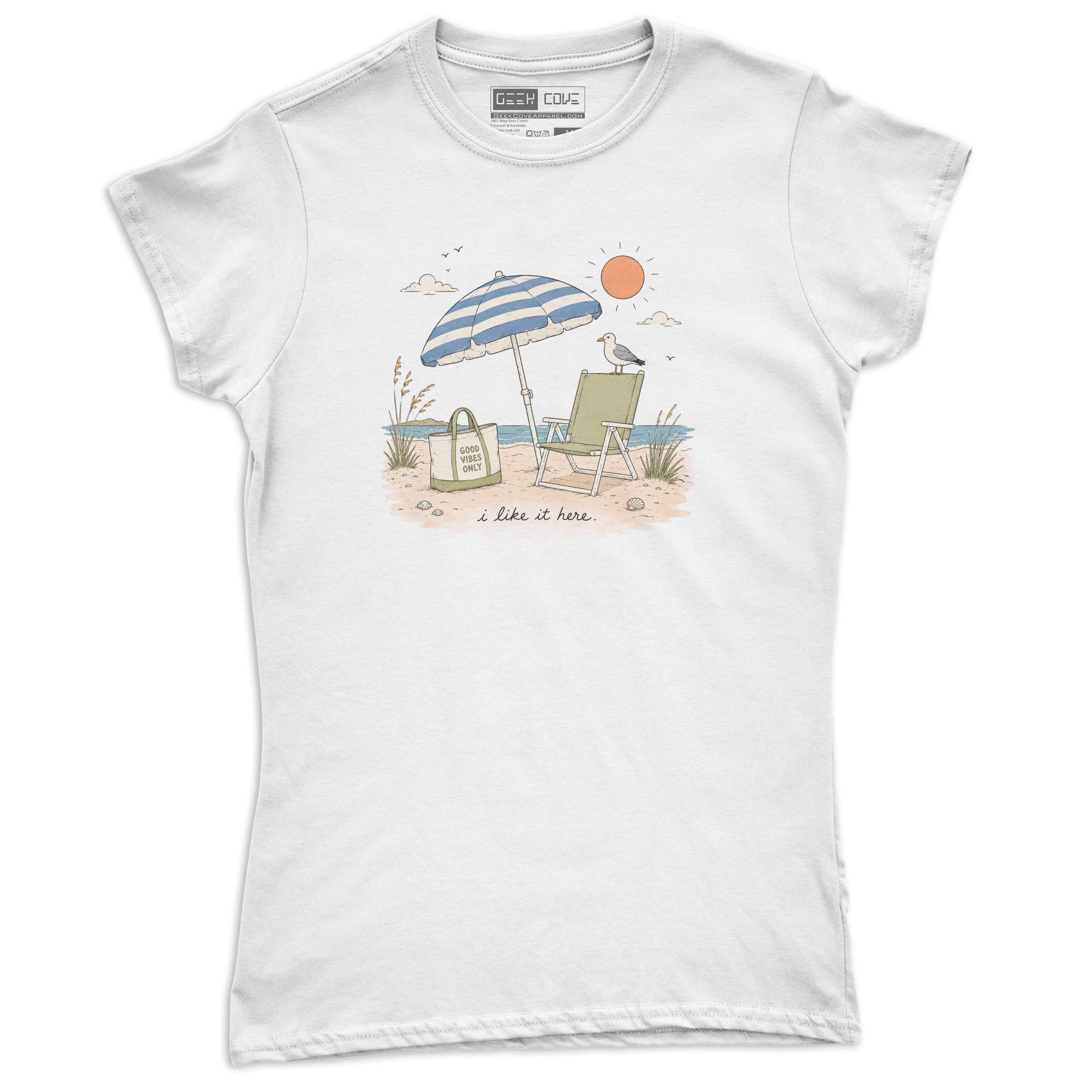 Women’s white V-neck T Shirt with beach umbrella, chair, seagull, sun, and I like it here text.