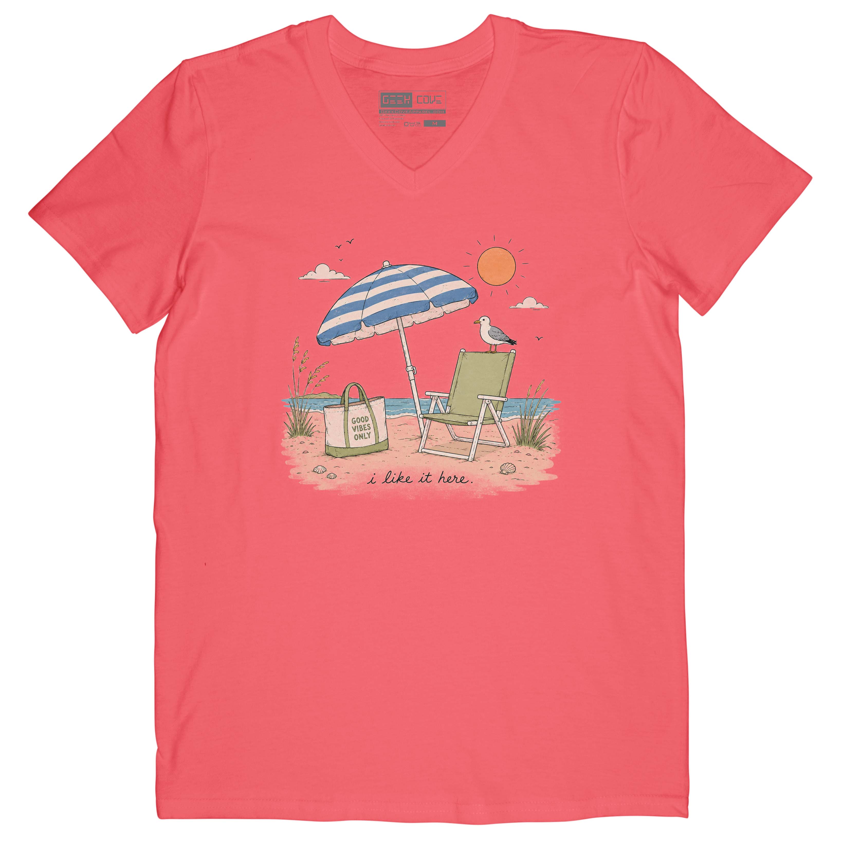 Women’s blue crew neck T Shirt with beach umbrella, chair, seagull, sun, and I like it here text.