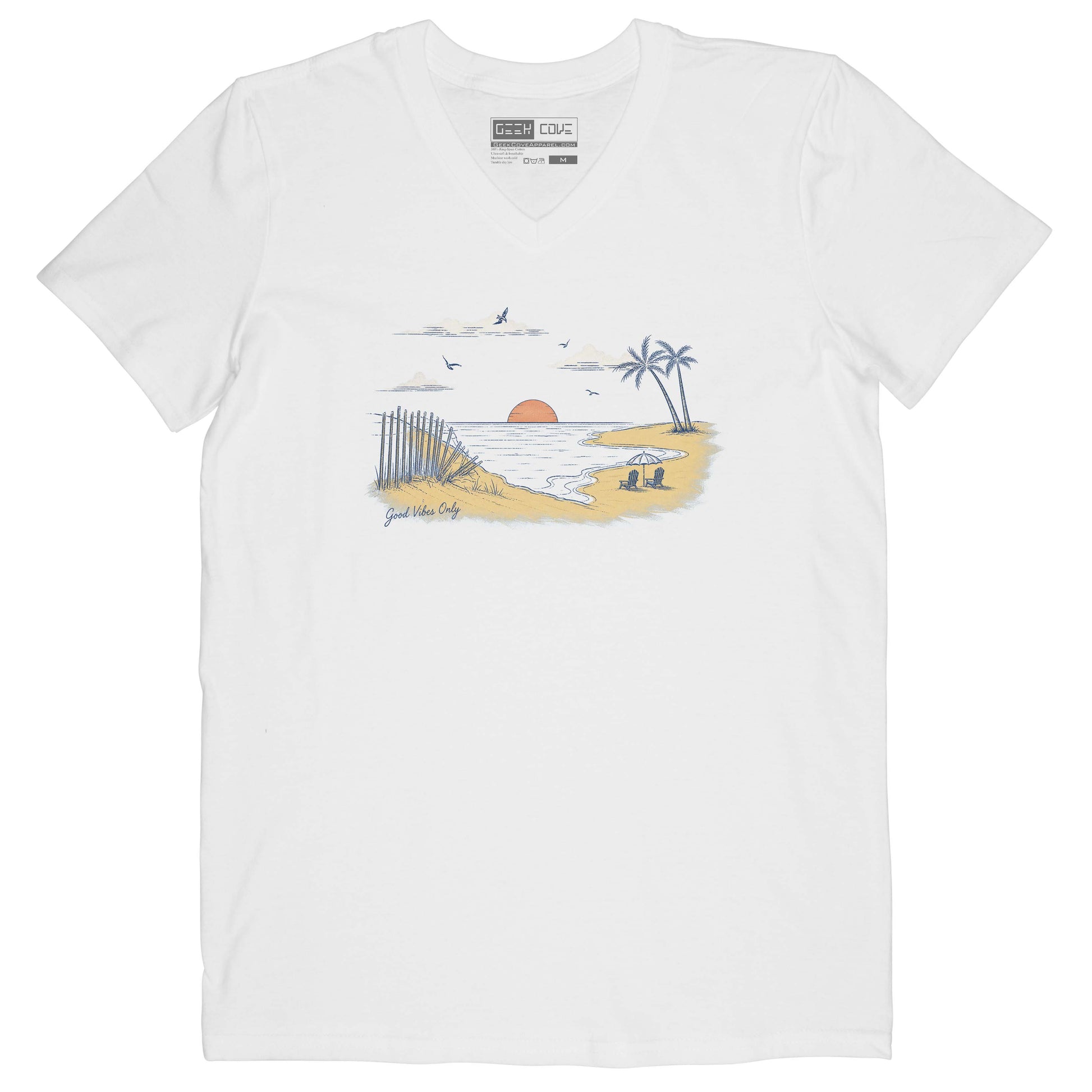 Vintage-inspired women V-neck beach shirt featuring palm trees, ocean waves, and sunset art