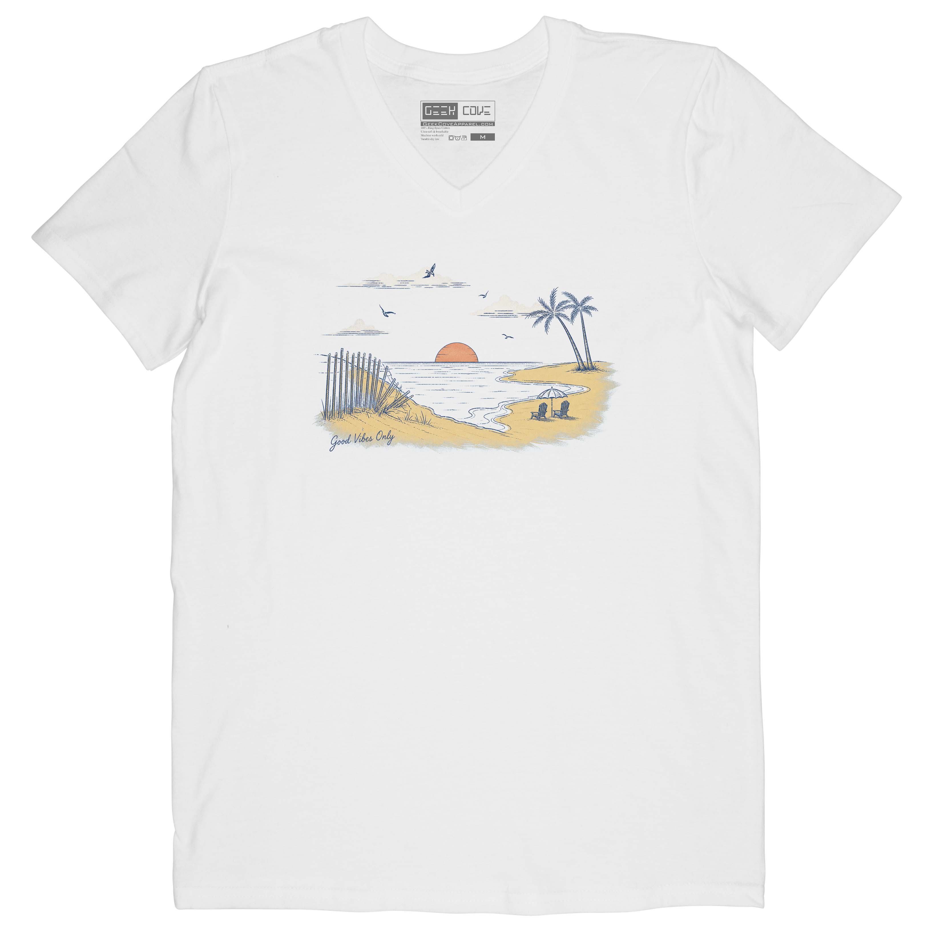 Vintage-inspired women V-neck beach shirt featuring palm trees, ocean waves, and sunset art